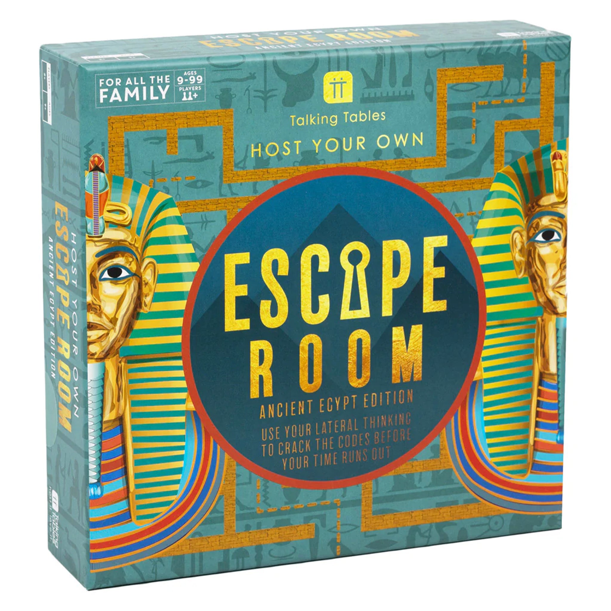 Box for 'Escape Room' game themed around Ancient Egypt with colorful hieroglyphics and pharaoh illustrations.