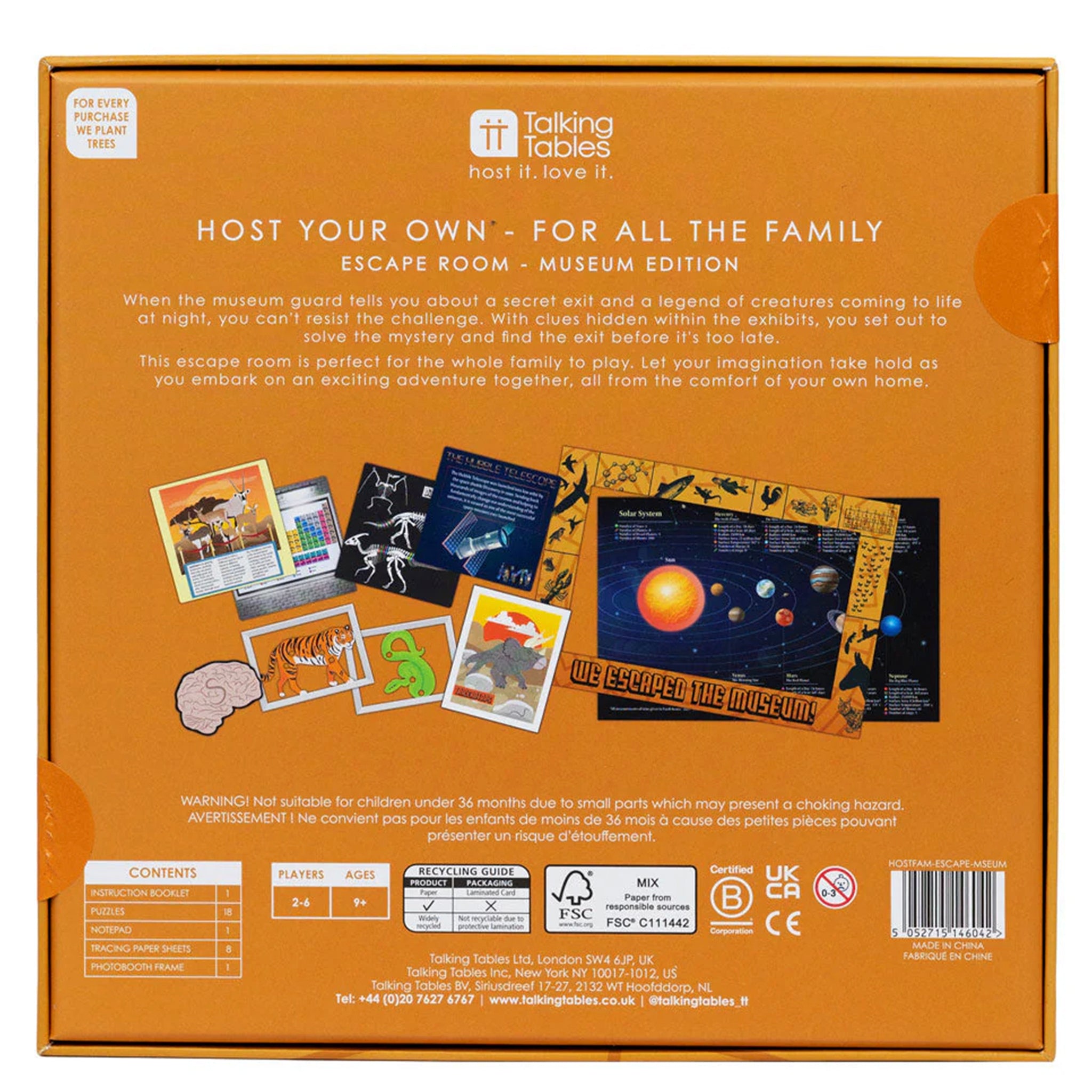 Back of a product packaging for 'Escape Room Museum Edition' by Talking Tables with text and images.