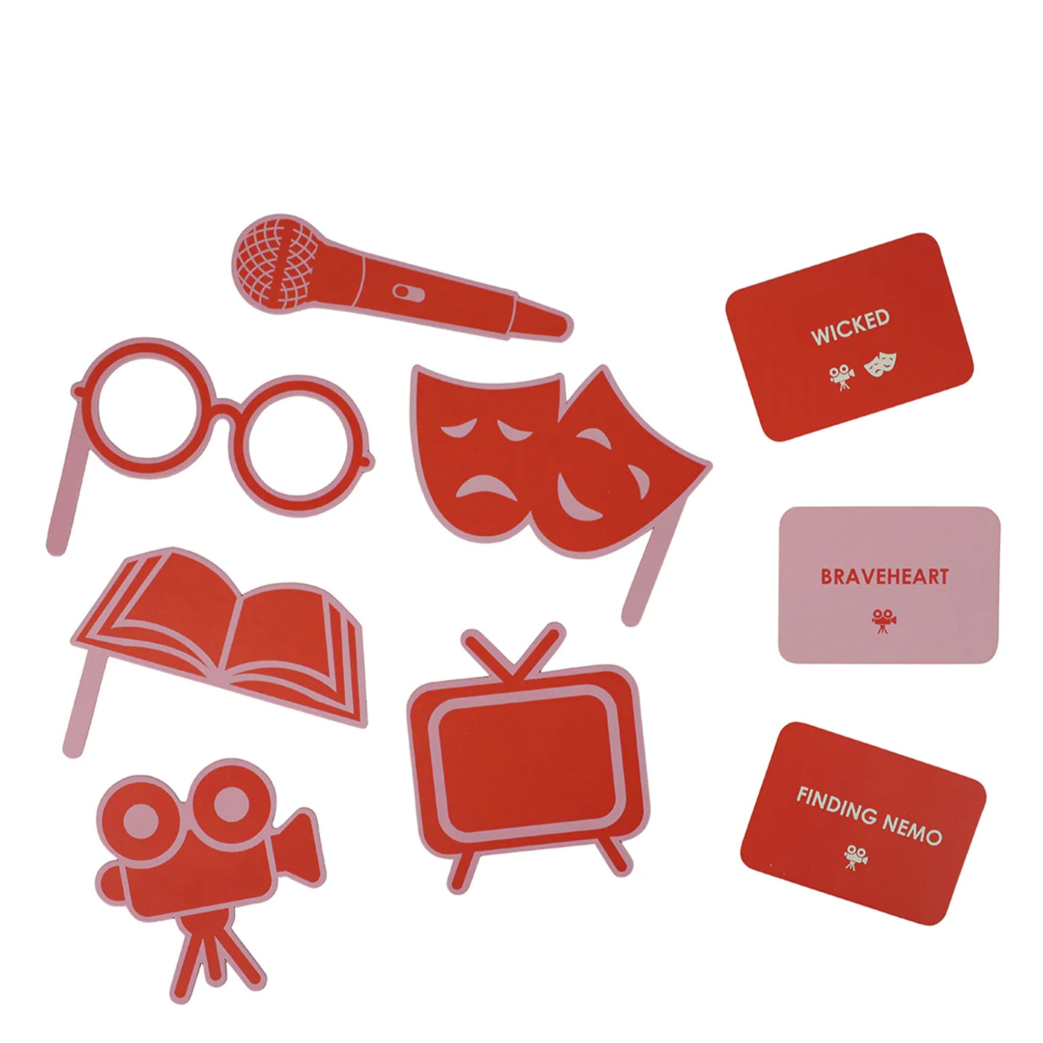 Set of movie-themed props including a microphone, glasses, theater masks, books, TV, and movie camera on a white background.