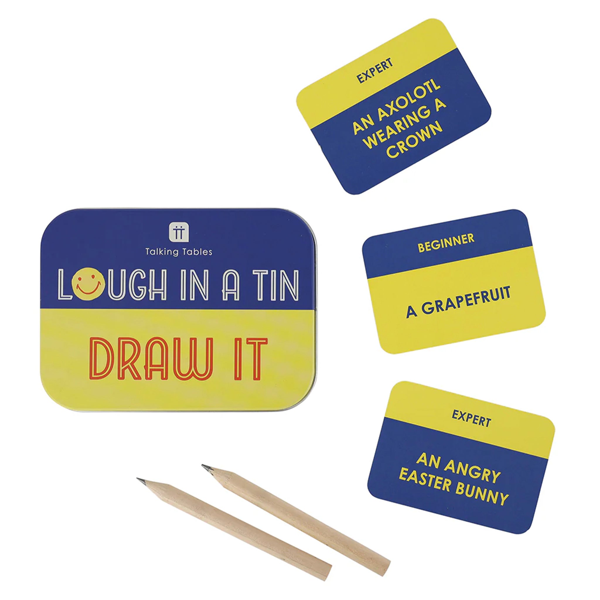 Game components including a tin, cards, and pencils on a white background