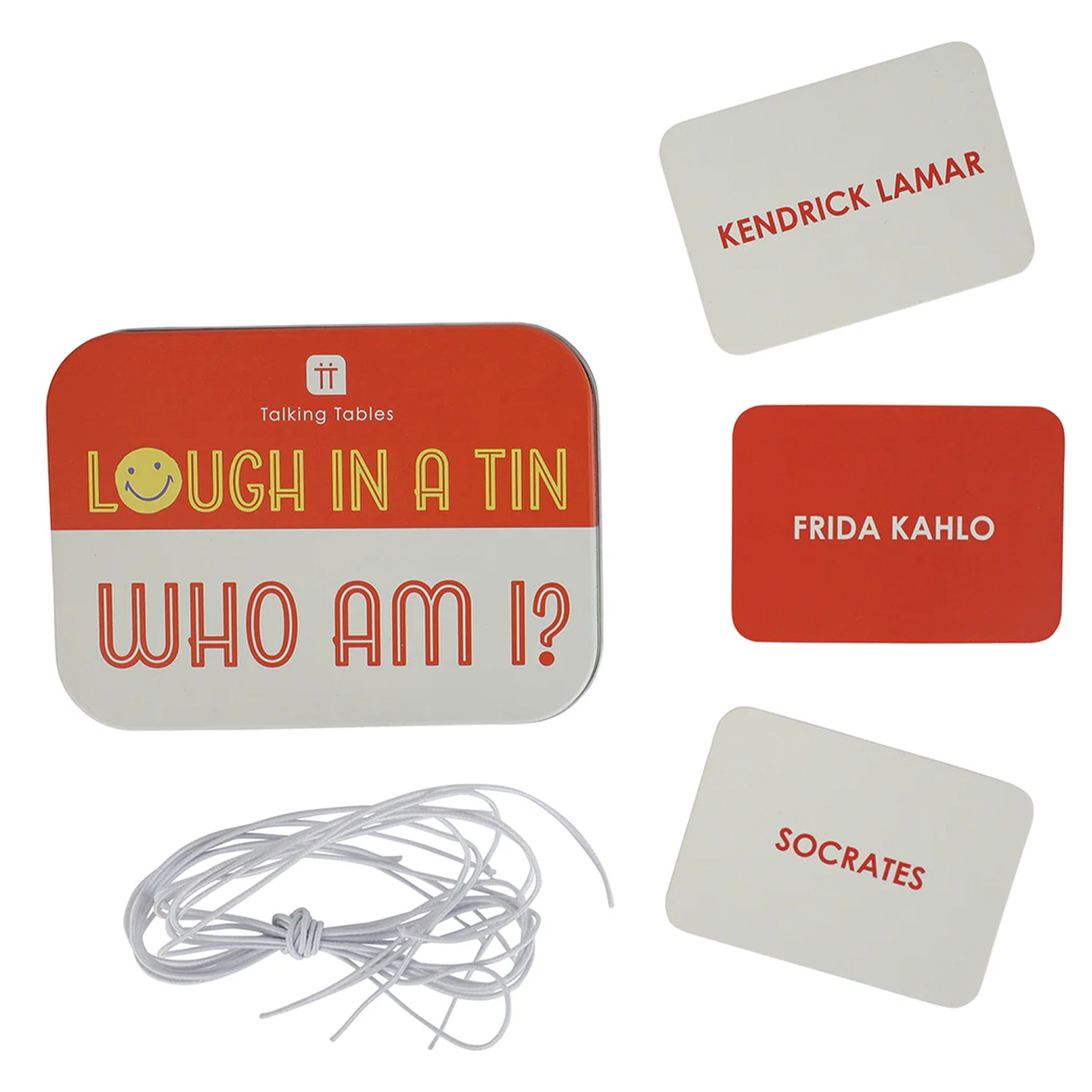 Board game components including cards and a string on a white background