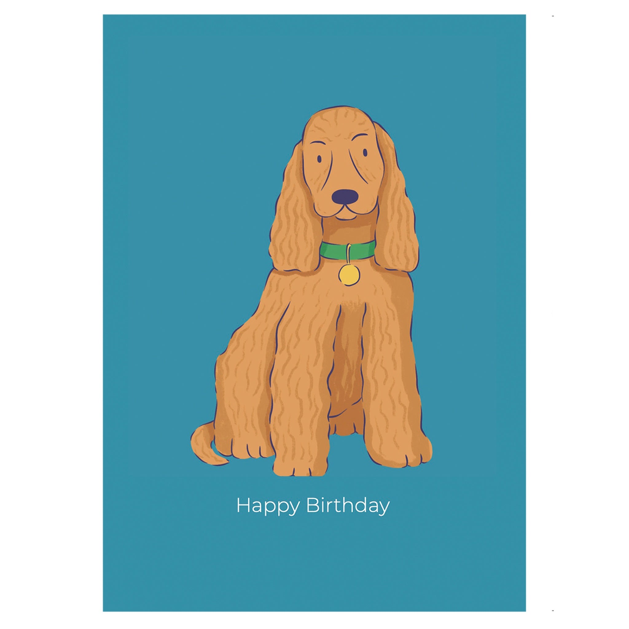 Greeting card with an Illustration of a brown Spaniel with a green collar on a blue background with 'Happy Birthday' text.