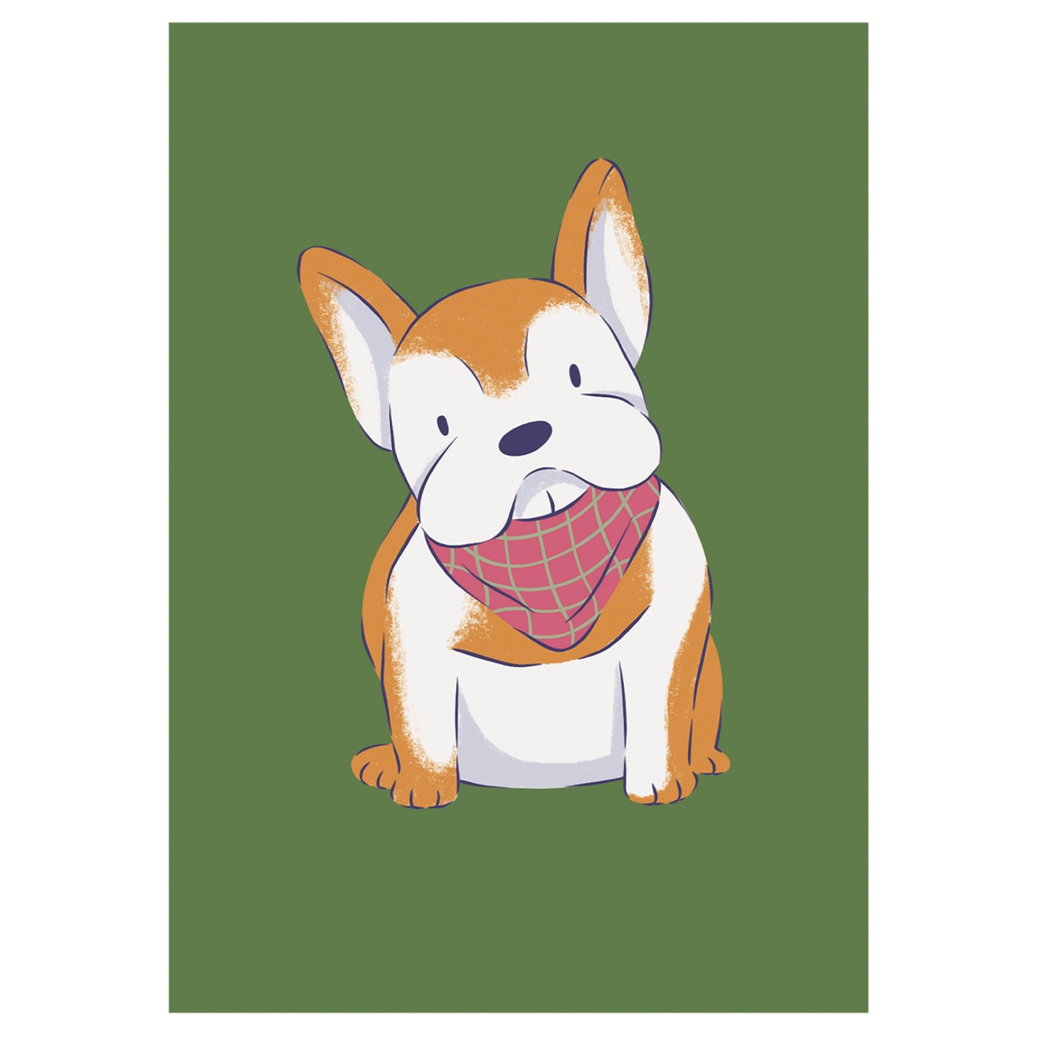 Greeting card with a French Bulldog with a red bandana on a green background