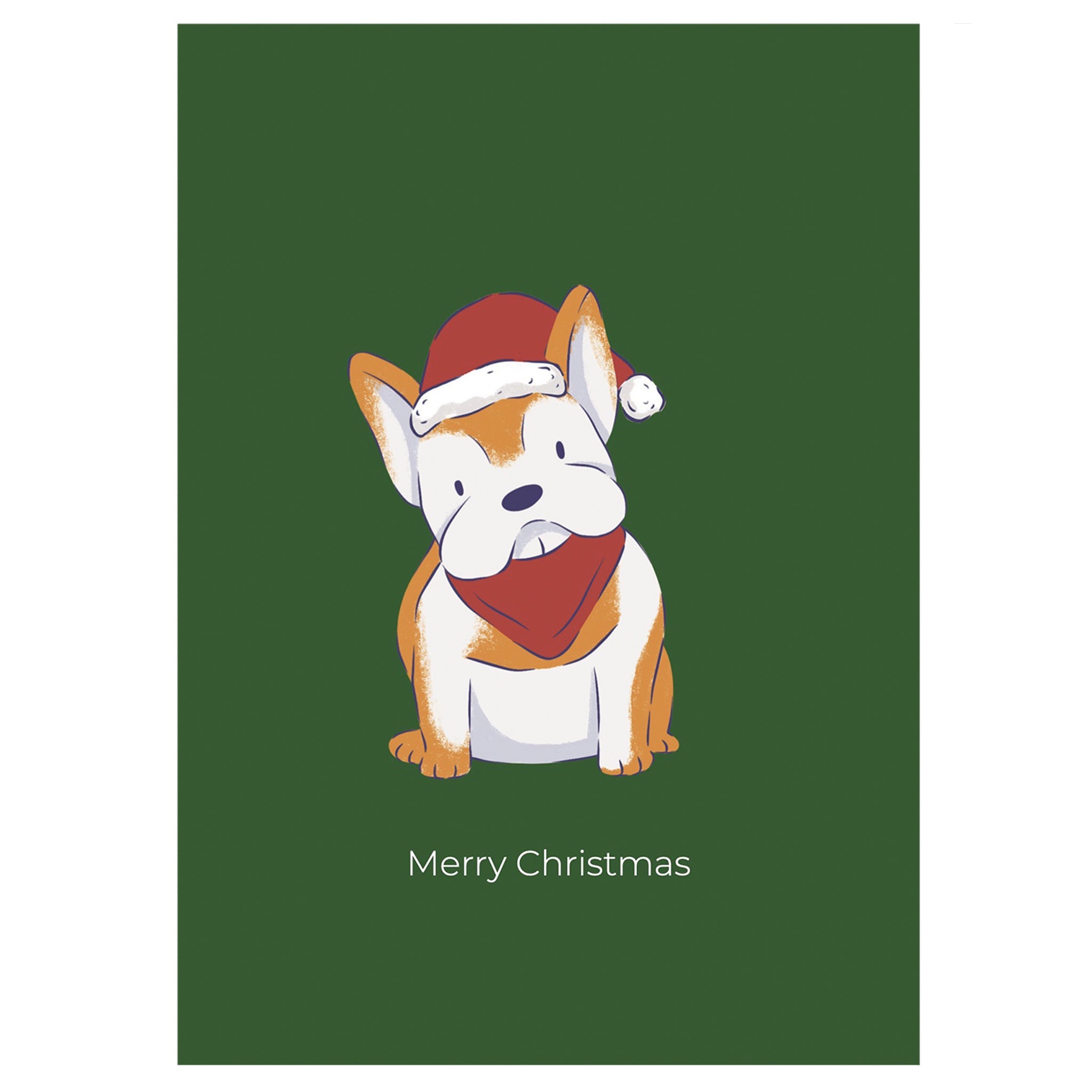 Greeting card with an illustrated bulldog wearing a Santa hat on a green background with 'Merry Christmas' text.