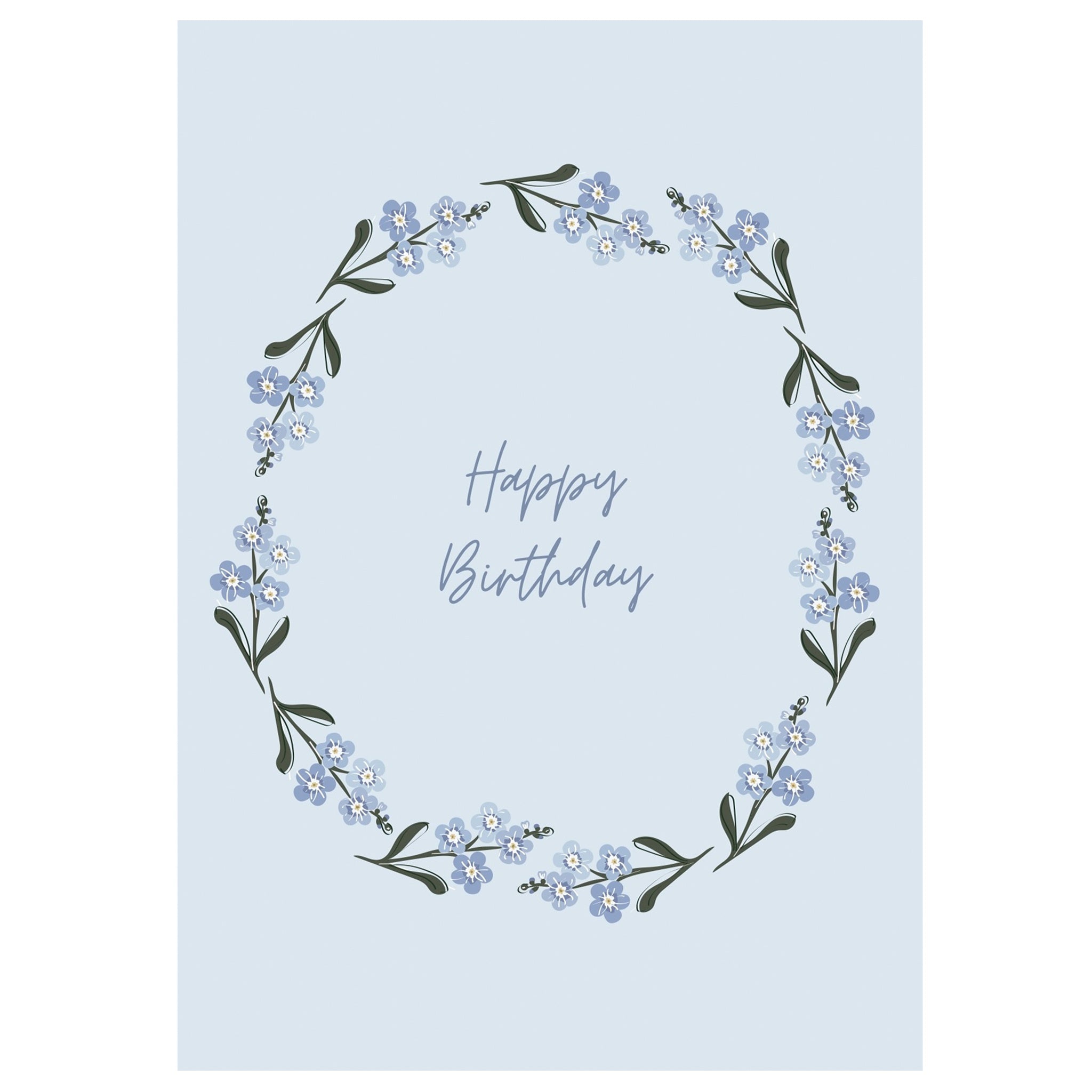 Greeting card with floral wreath and 'Happy Birthday' text on a light blue background