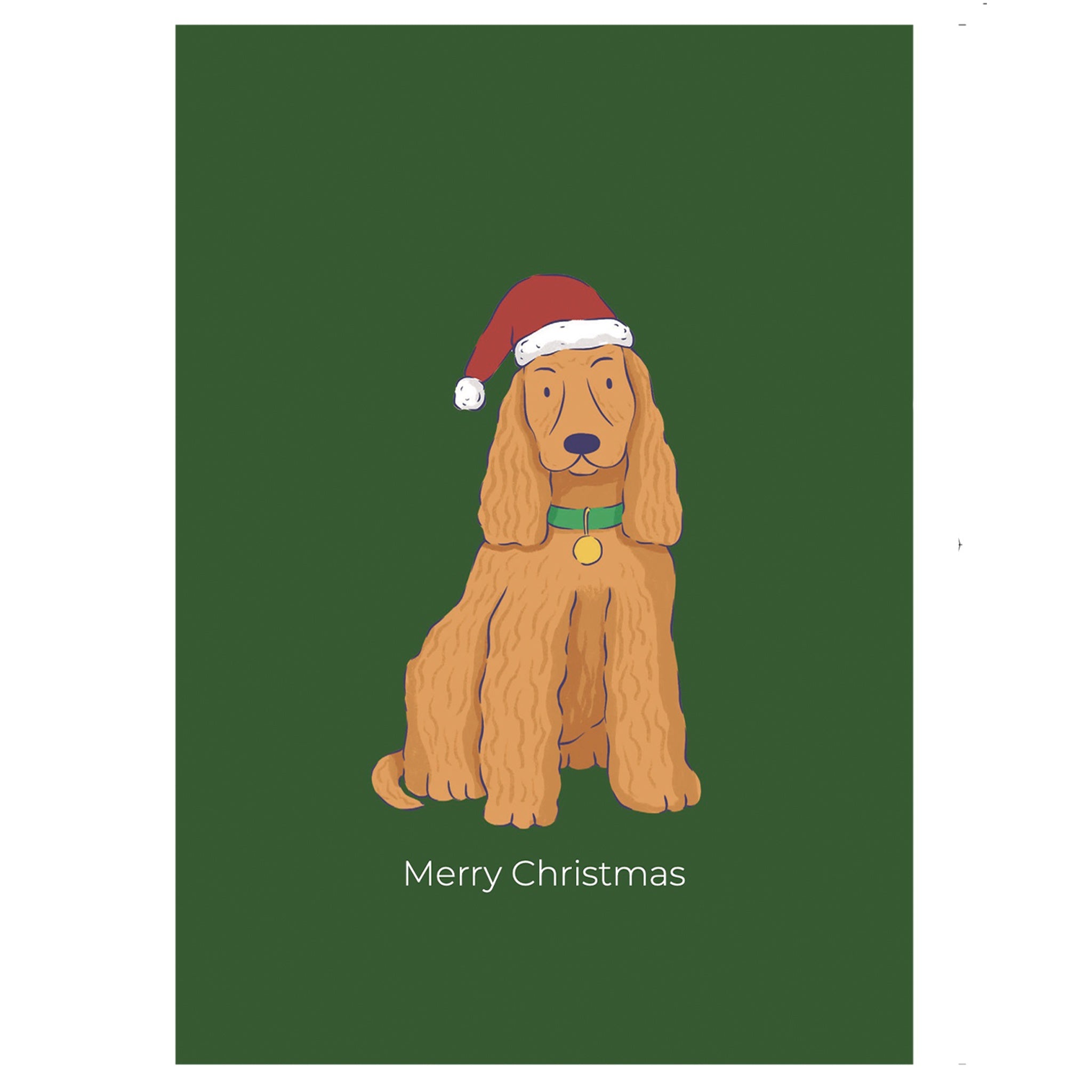 Greeting card with a spaniel wearing a Santa hat on a green background with 'Merry Christmas' text