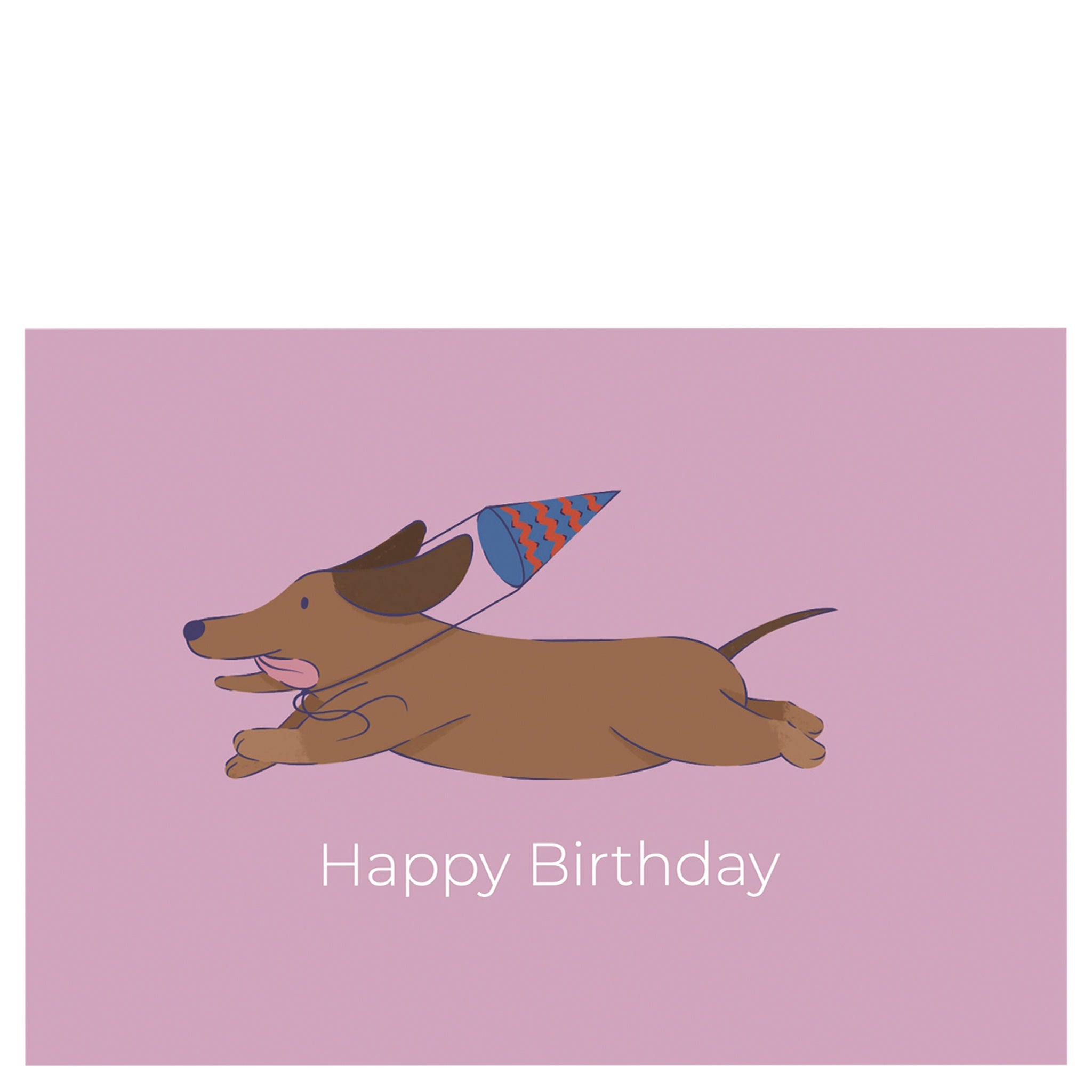 Greeting card with an illustrated dachshund with a party hat on a pink background with 'Happy Birthday' text.