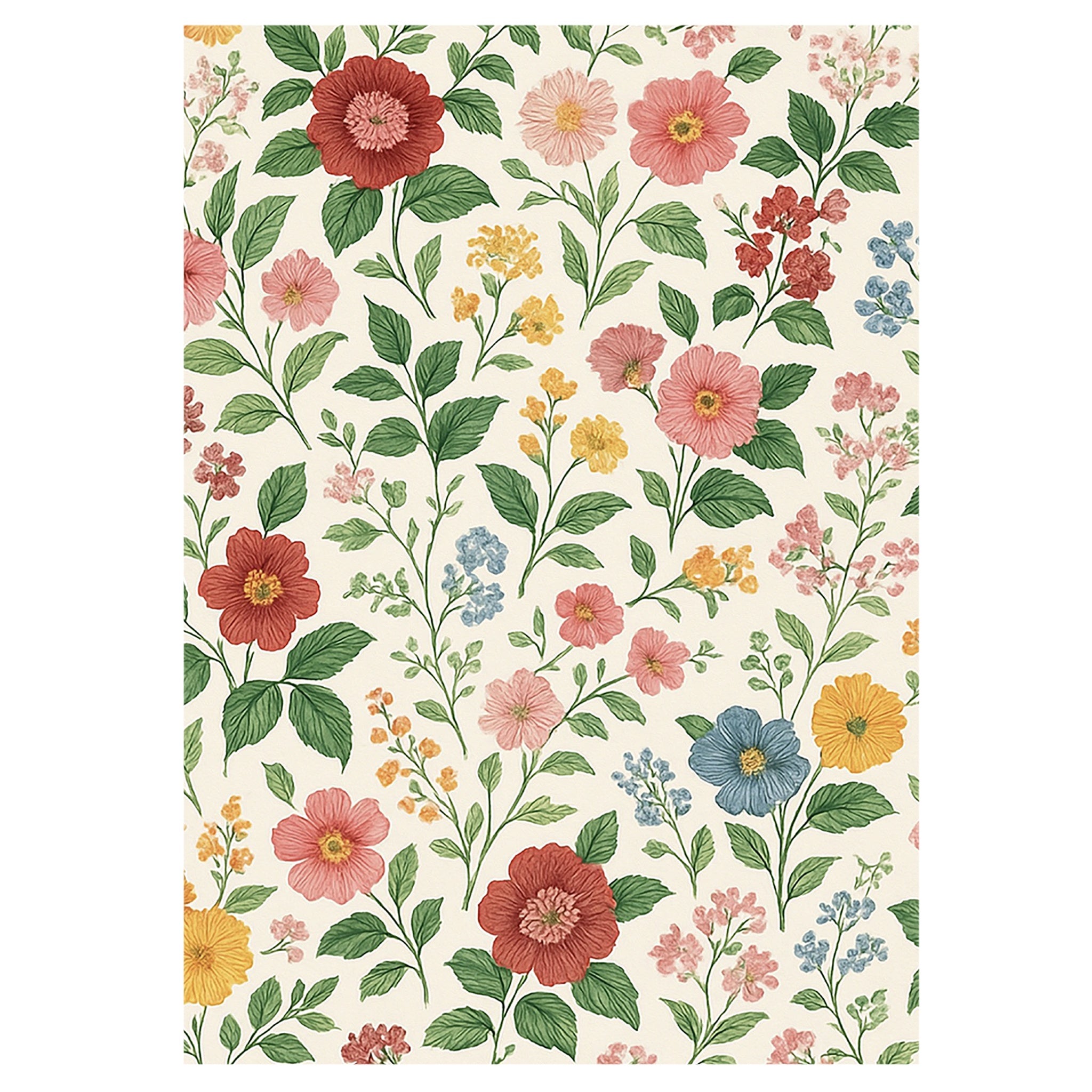 Greeting card with a floral pattern with red, pink, yellow, and blue flowers on a white background
