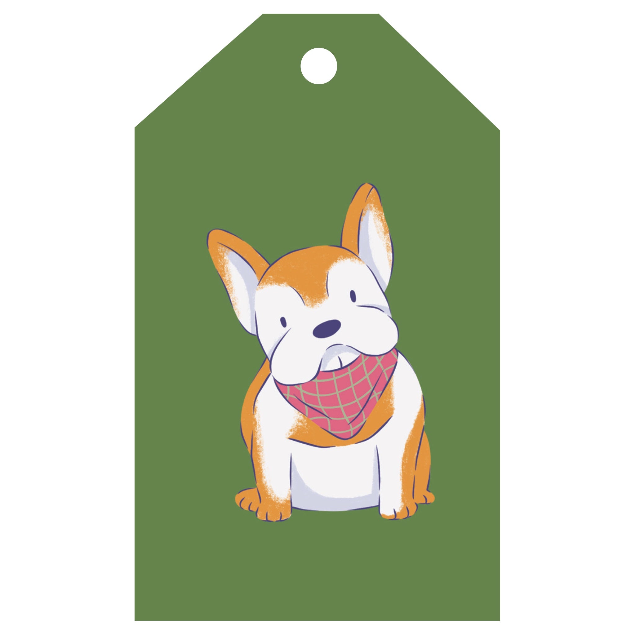 Gift tag with a cartoon dog wearing a bandana on a green background