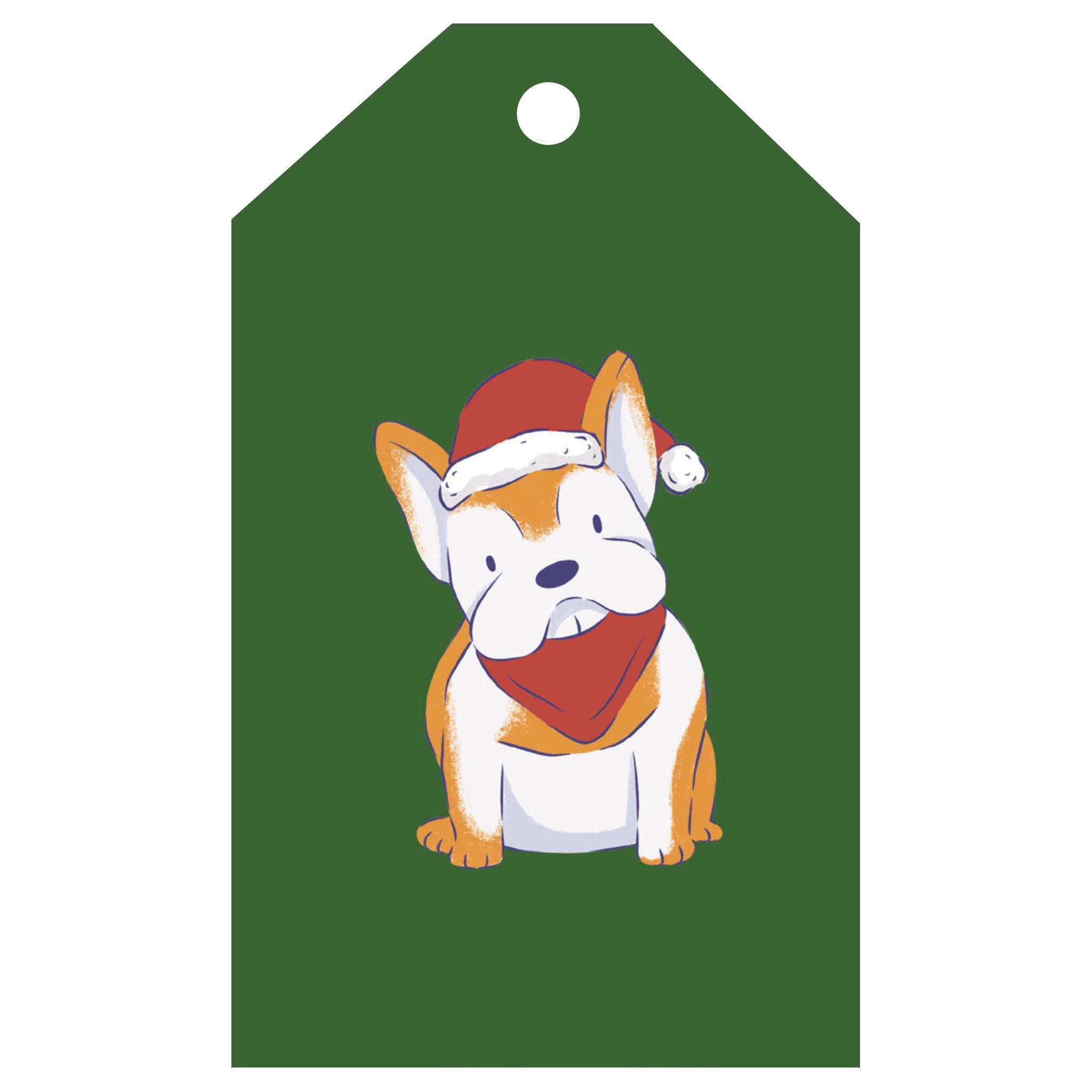 Gift tag with a cartoon dog wearing a Santa hat and scarf on a green background