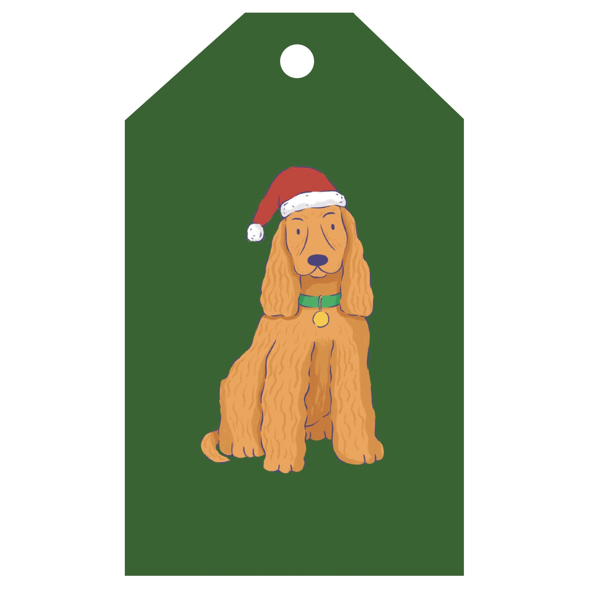 Gift tag with a dog wearing a Santa hat on a green background