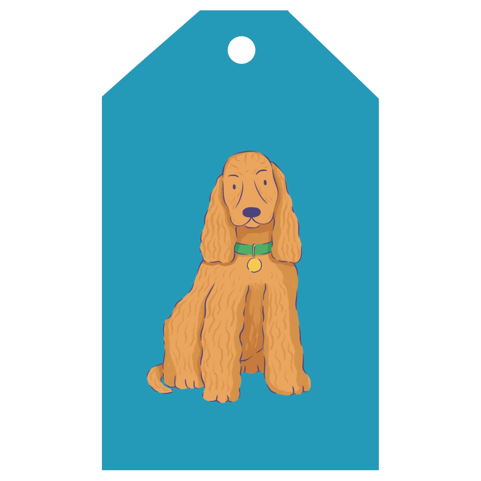 Dog tag with a brown dog illustration on a blue background