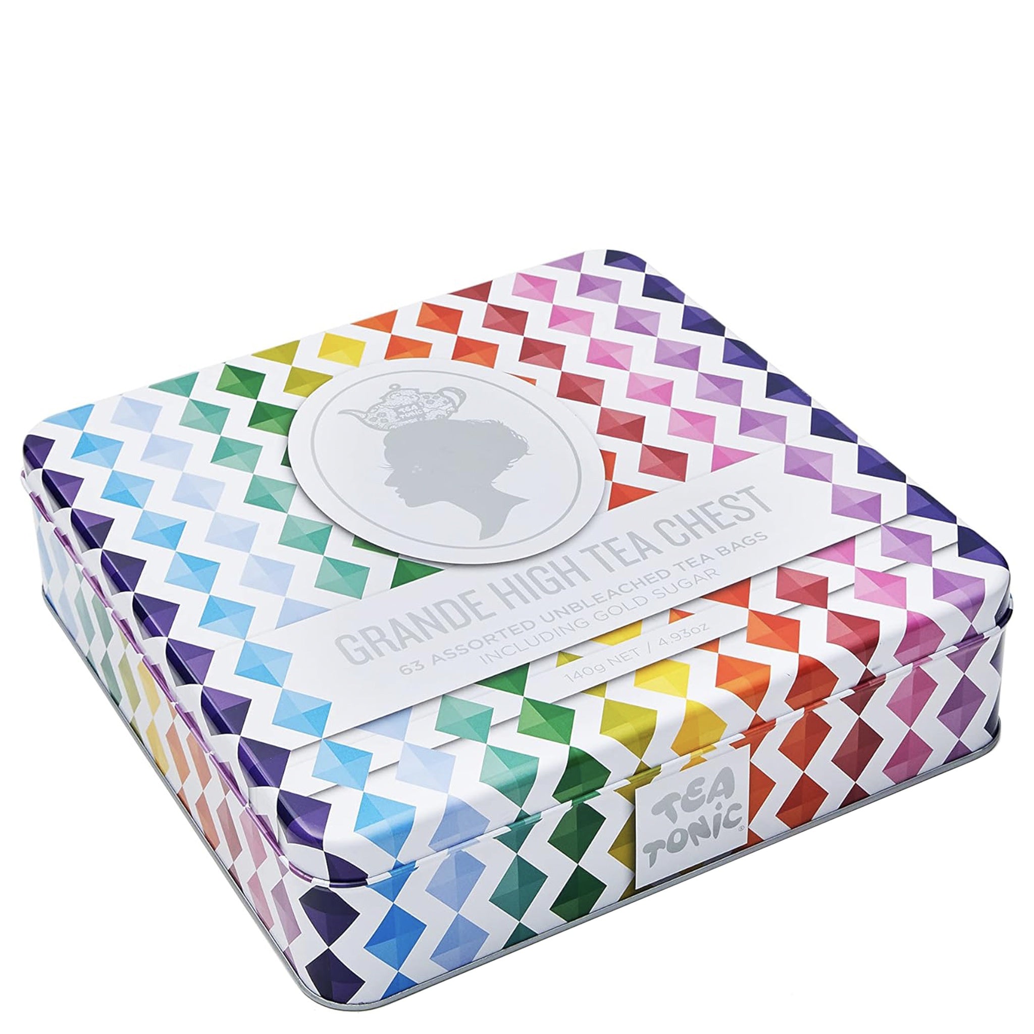 Colorful tea chest with geometric pattern on a white background