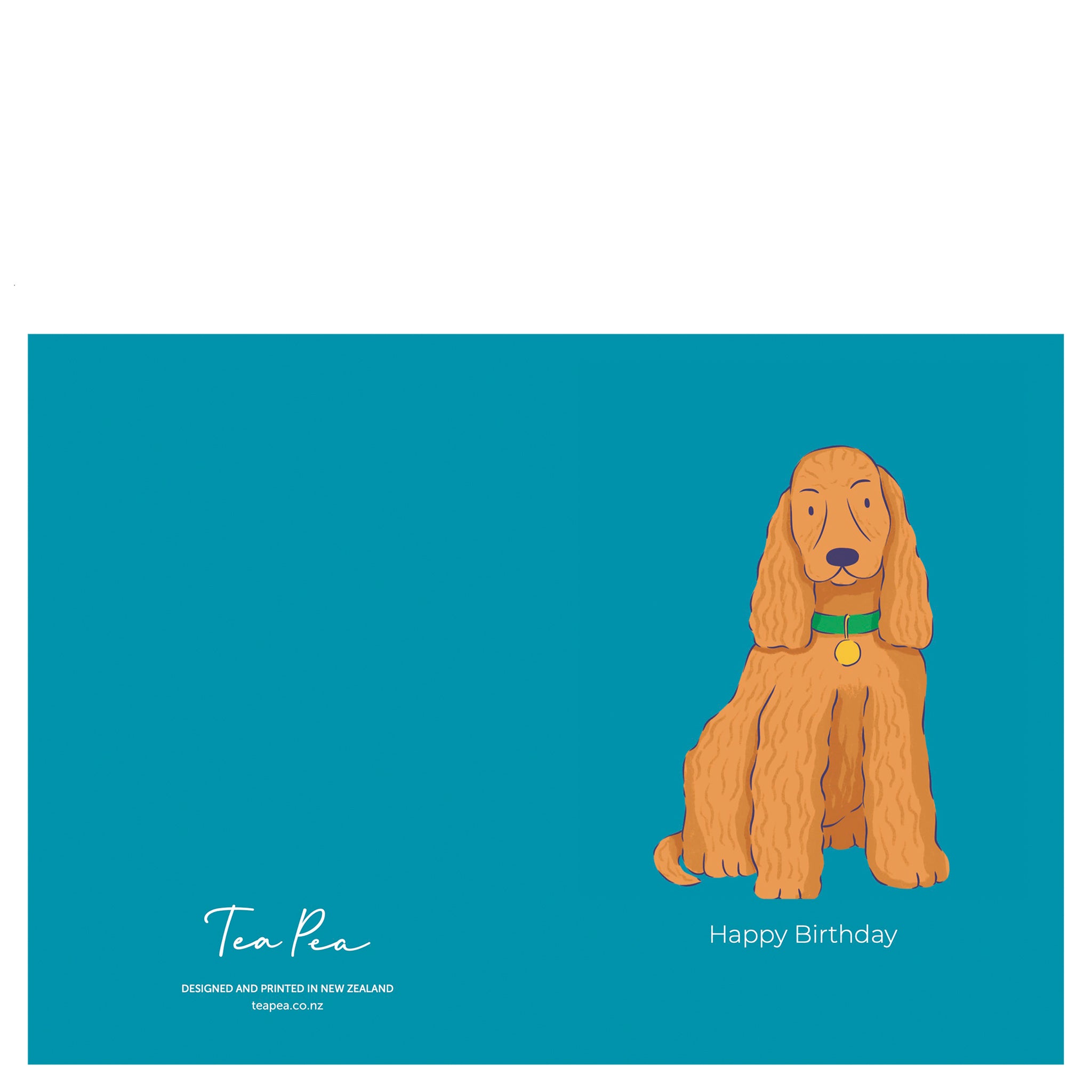 Greeting card with an illustration of a brown dog on a blue background with 'Tea Pea' branding.