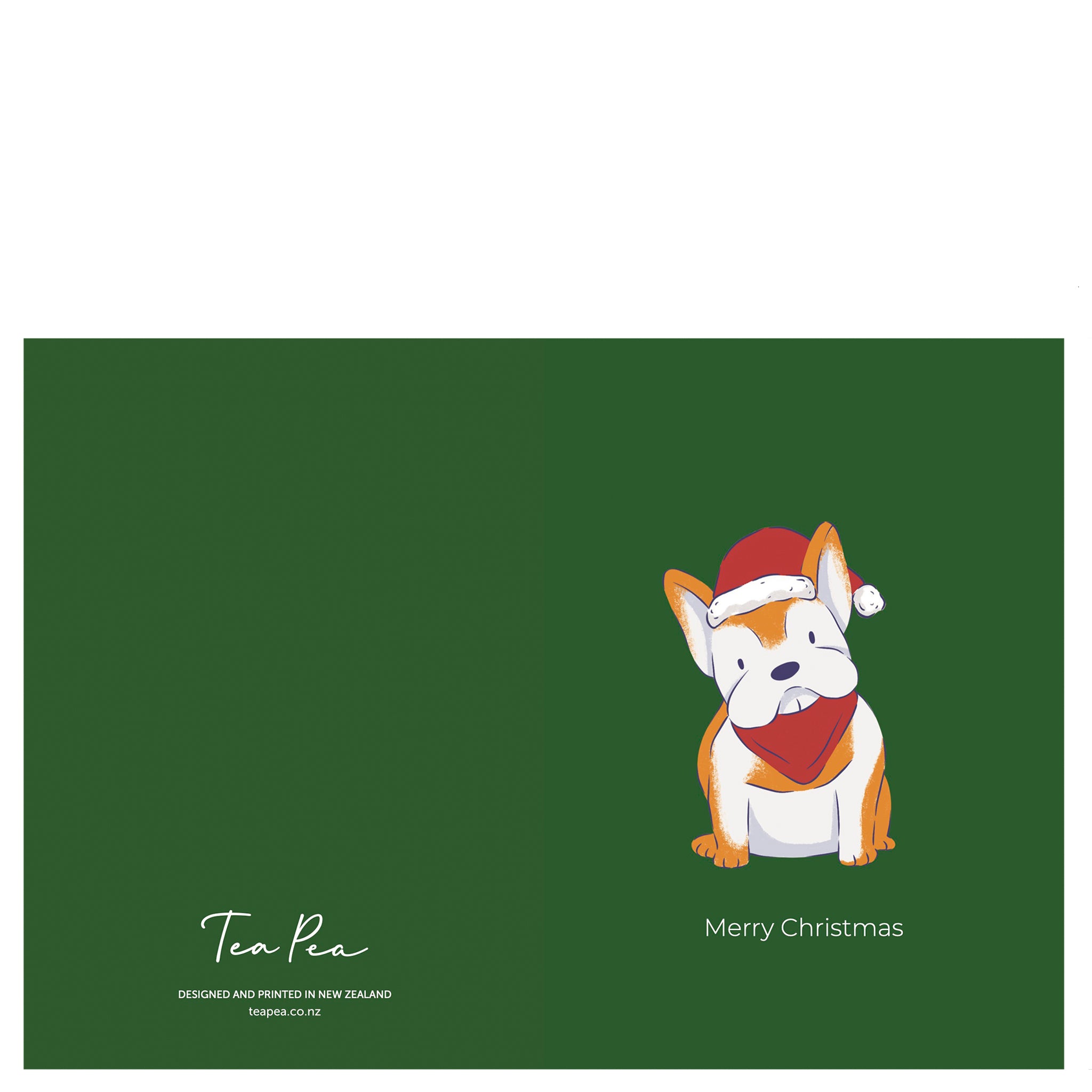 Greeting card with an illustrated bulldog wearing a Santa hat on a green background with 'Merry Christmas' text.