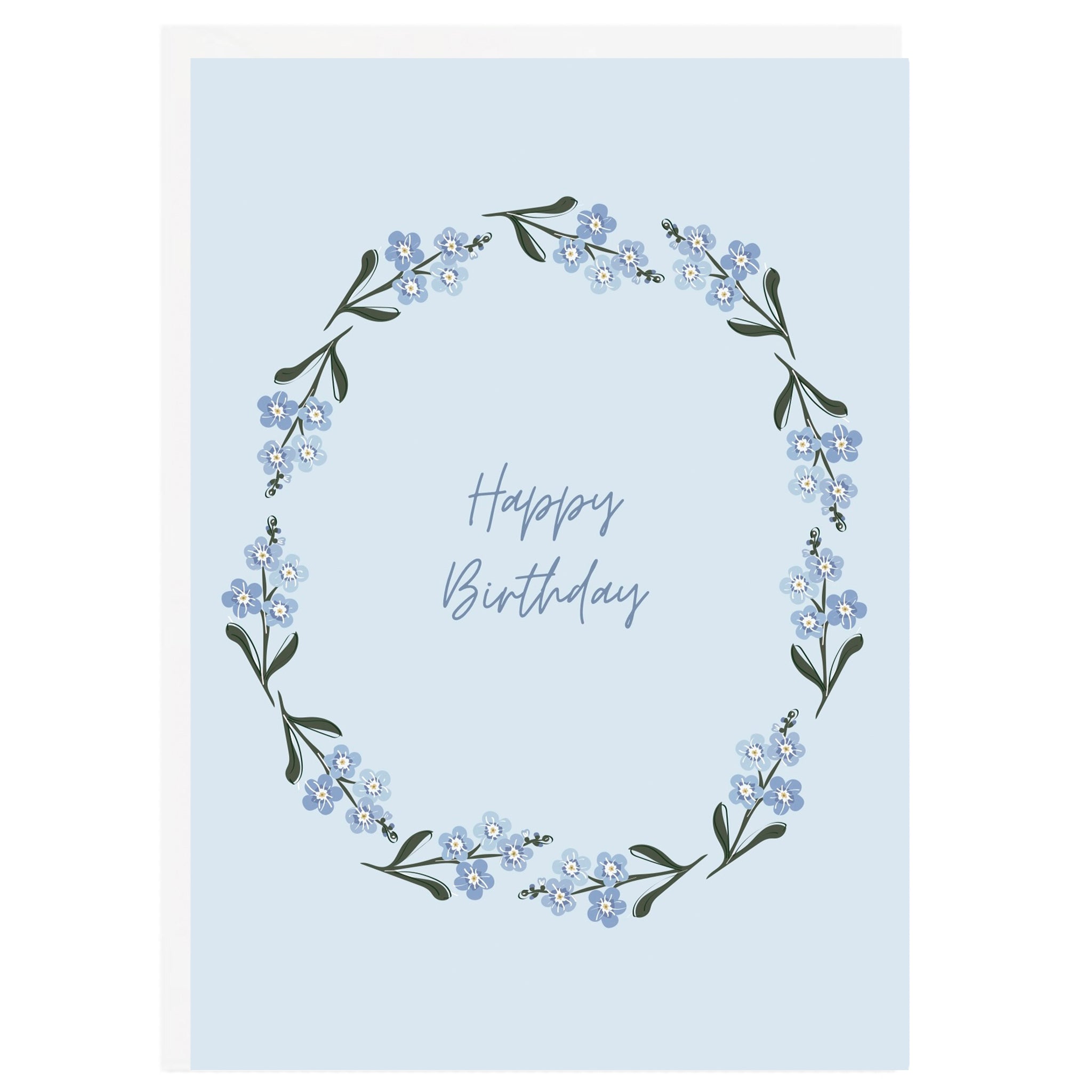 Greeting card with floral wreath and 'Happy Birthday' text on a light blue background
