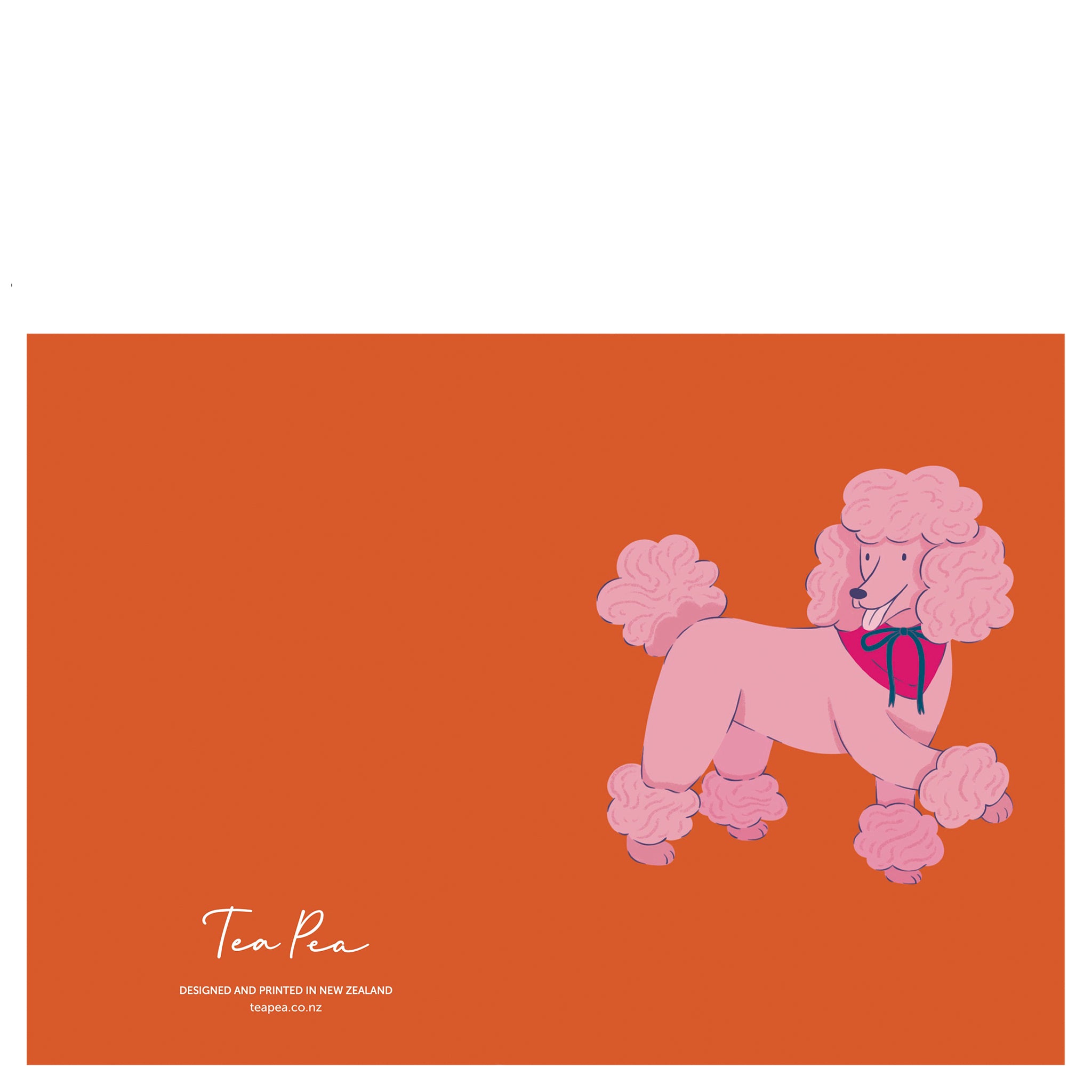 Greeting card with a  pink poodle illustration on an orange background with 'Tea Pea' branding.
