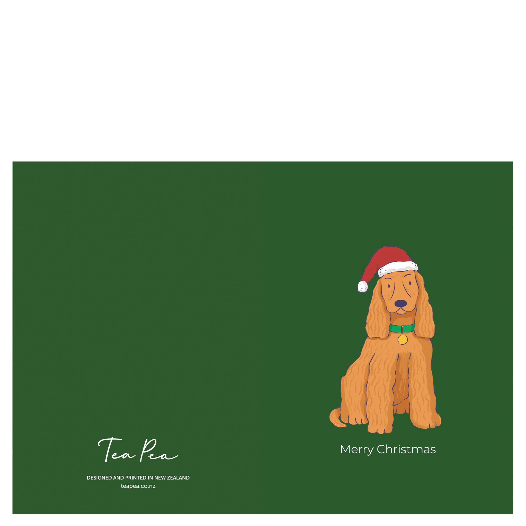 Greeting card with a spaniel wearing a Santa hat on a green background with 'Merry Christmas' text