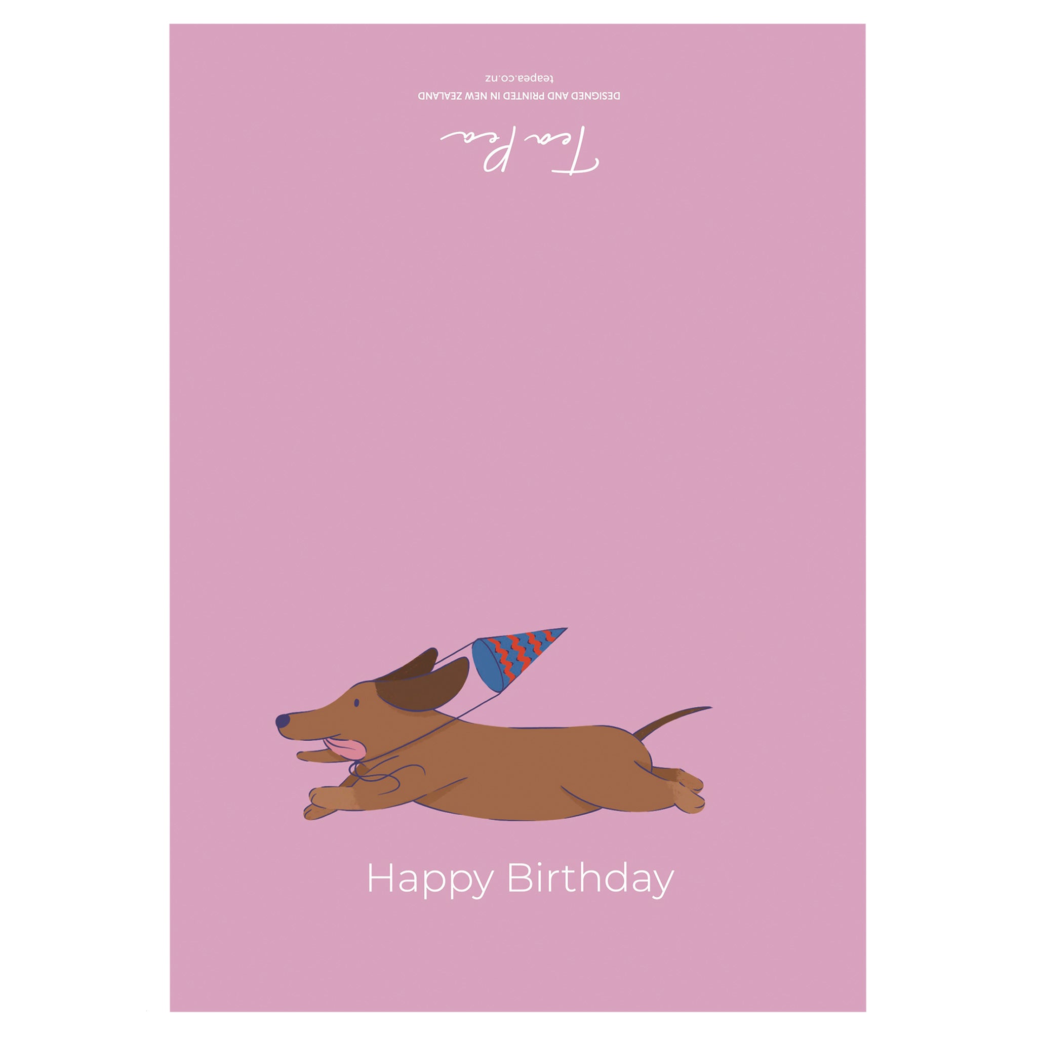 Happy Birthday card with a dachshund and party hat on a pink background