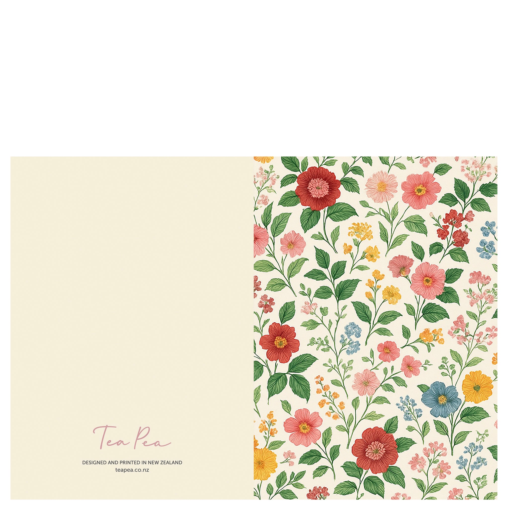 Greeting card with a floral pattern with red, pink, yellow, and blue flowers on a white background