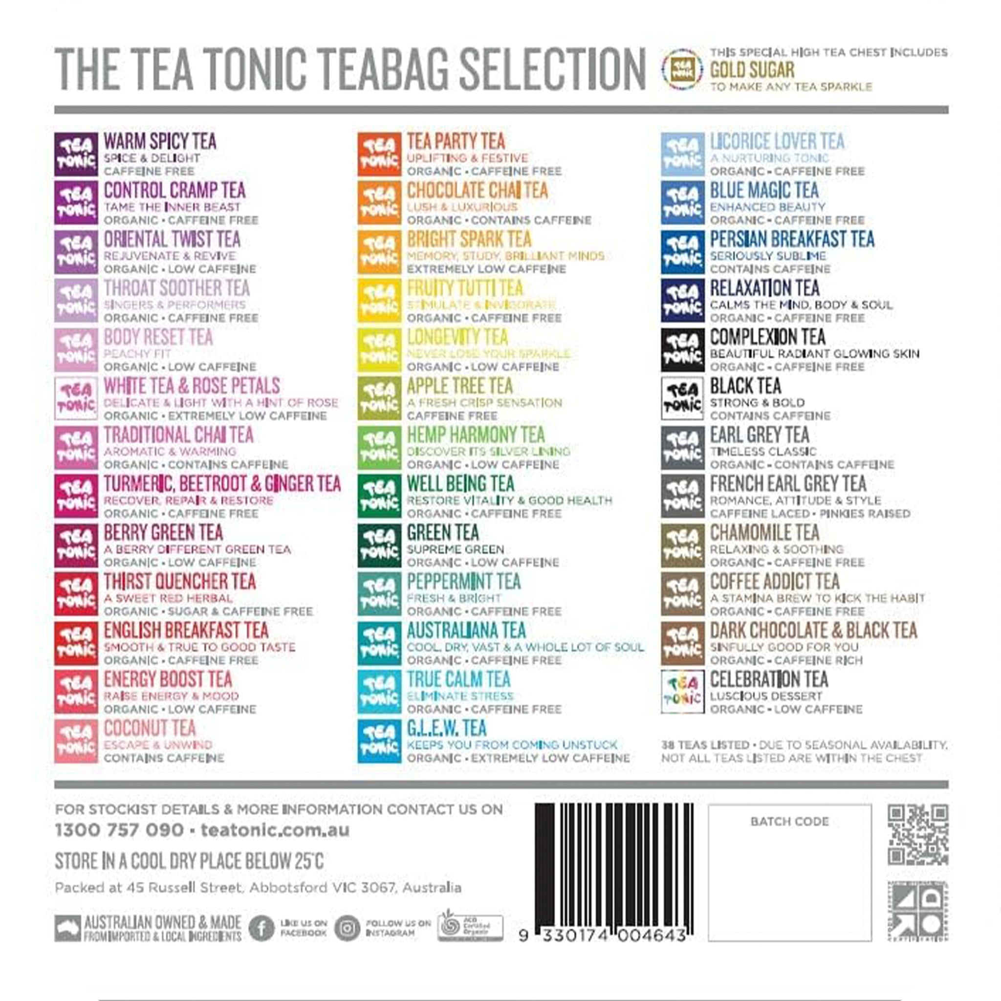 Tea tonic teabag selection with colorful labels on a white background