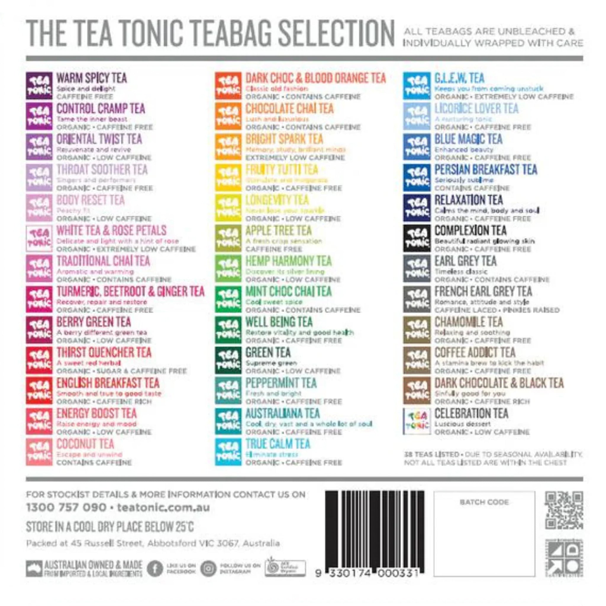 Tea tonic teabag selection with colorful text on a white background
