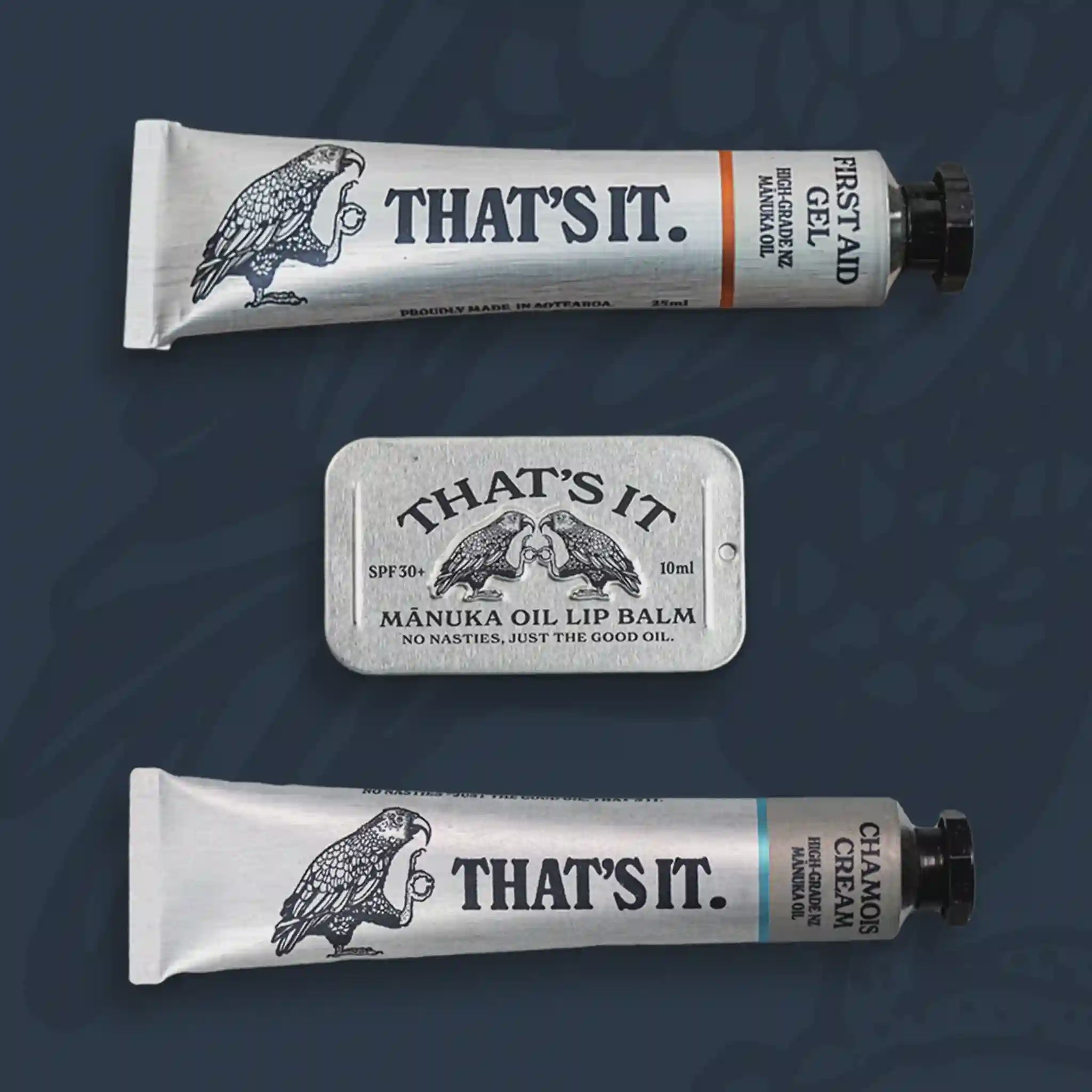 Three 'THAT'S IT.' skincare products on a dark blue background
