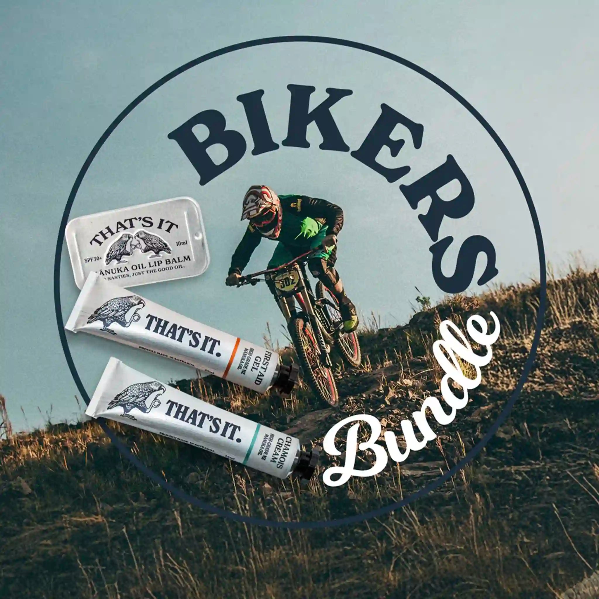 Biker and lip balm products with 'BIKERS Bundle' text on a scenic background