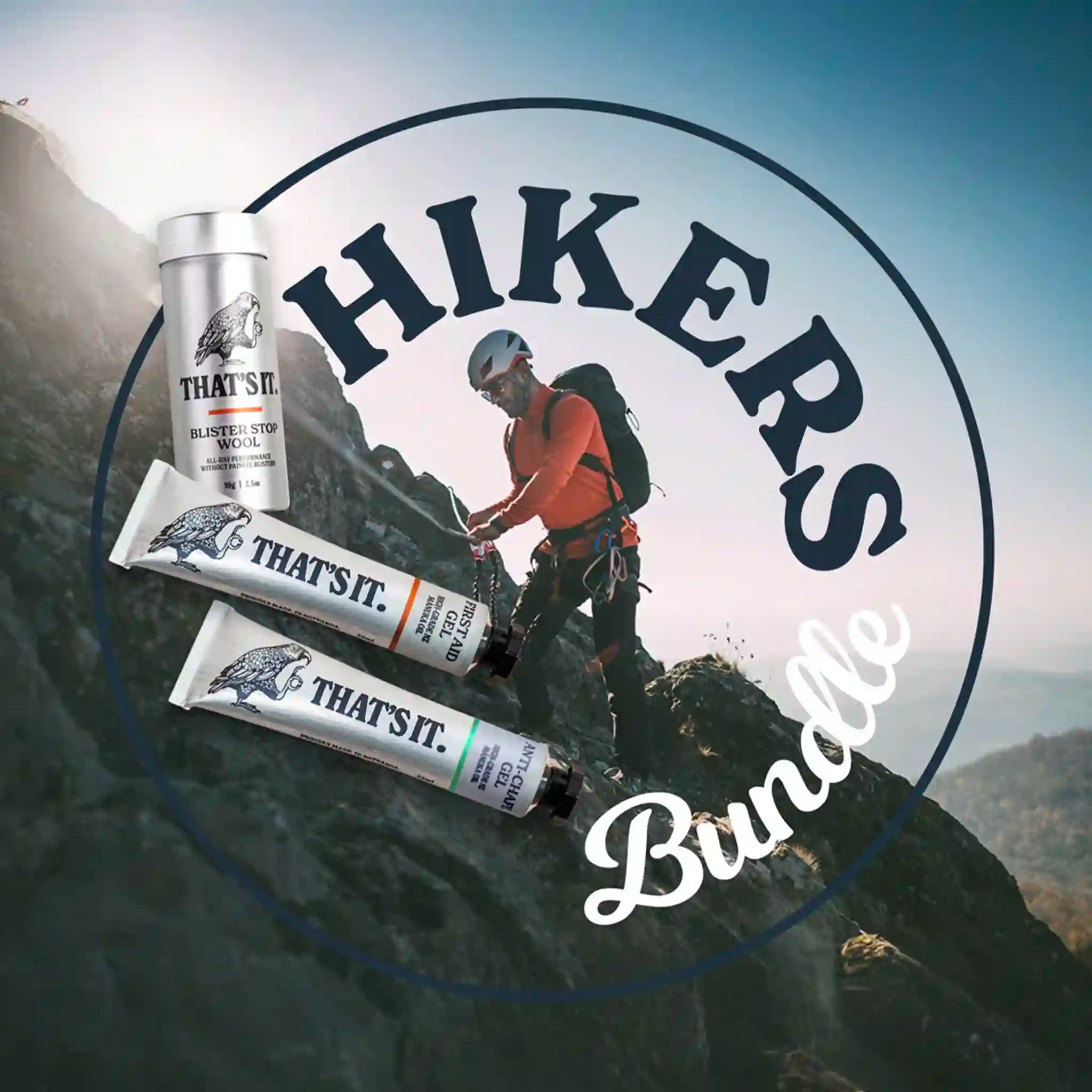 Three 'THAT'S IT' tubes with a hiker on a mountain and 'HIKERS Bundle' text.