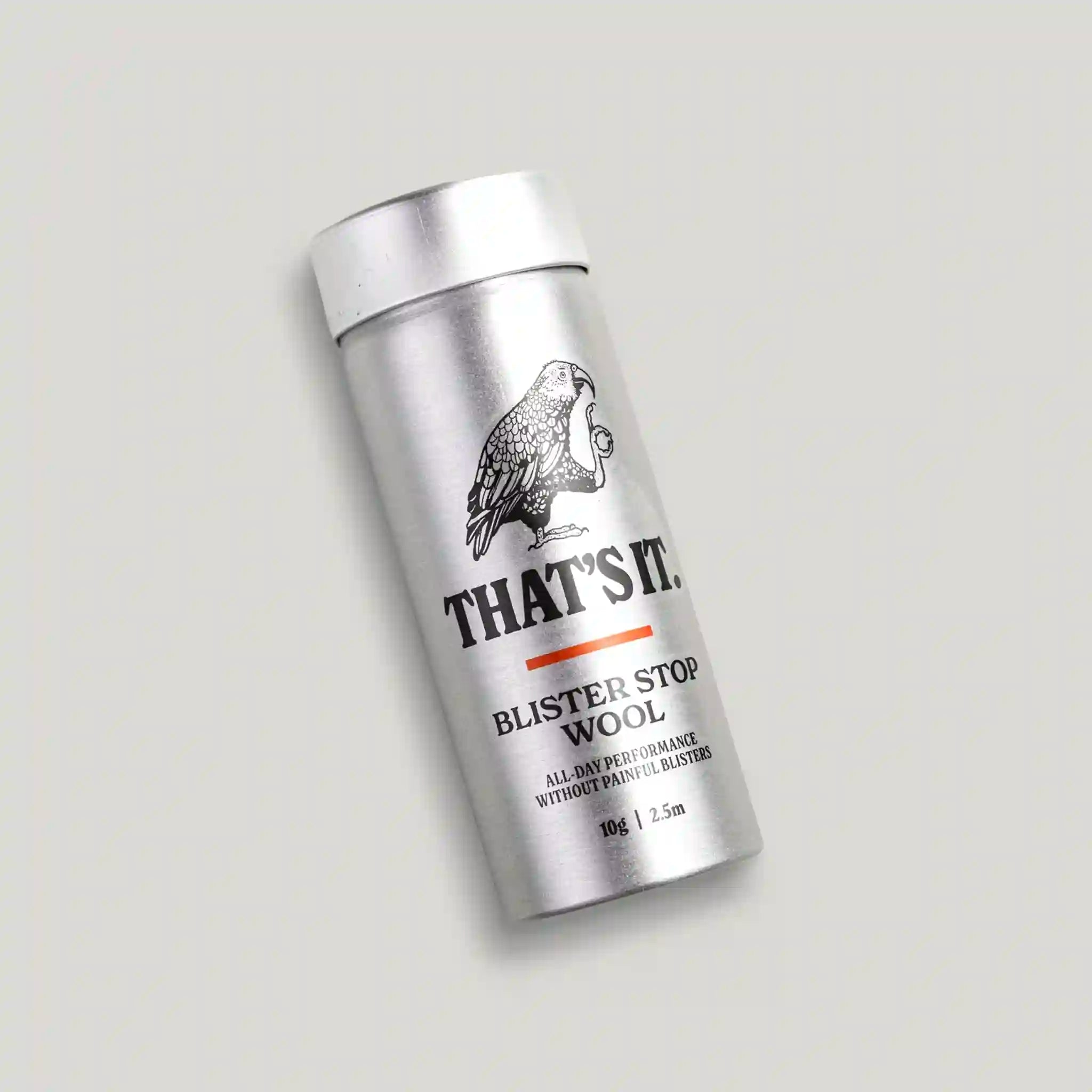 Silver cylindrical container with 'THAT'S IT' branding on a light gray background