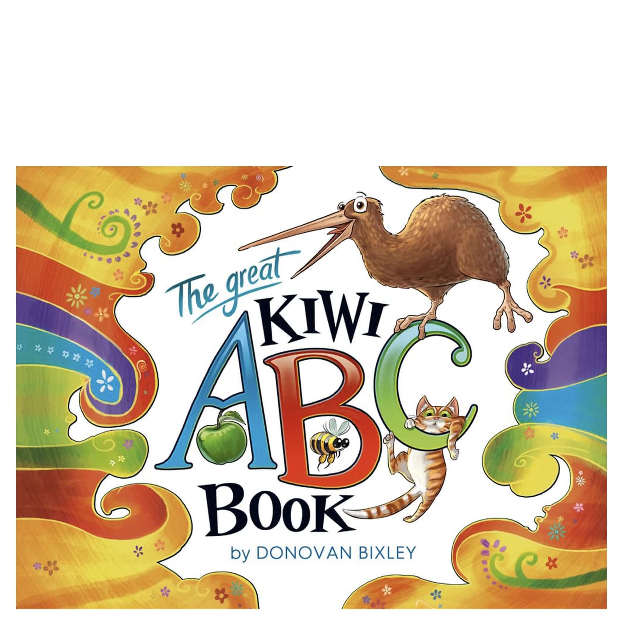 Alt Tag: The Great Kiwi ABC Book board book cover with kiwi bird and colorful ABC letters by Donovan Bixley for 0-2 years