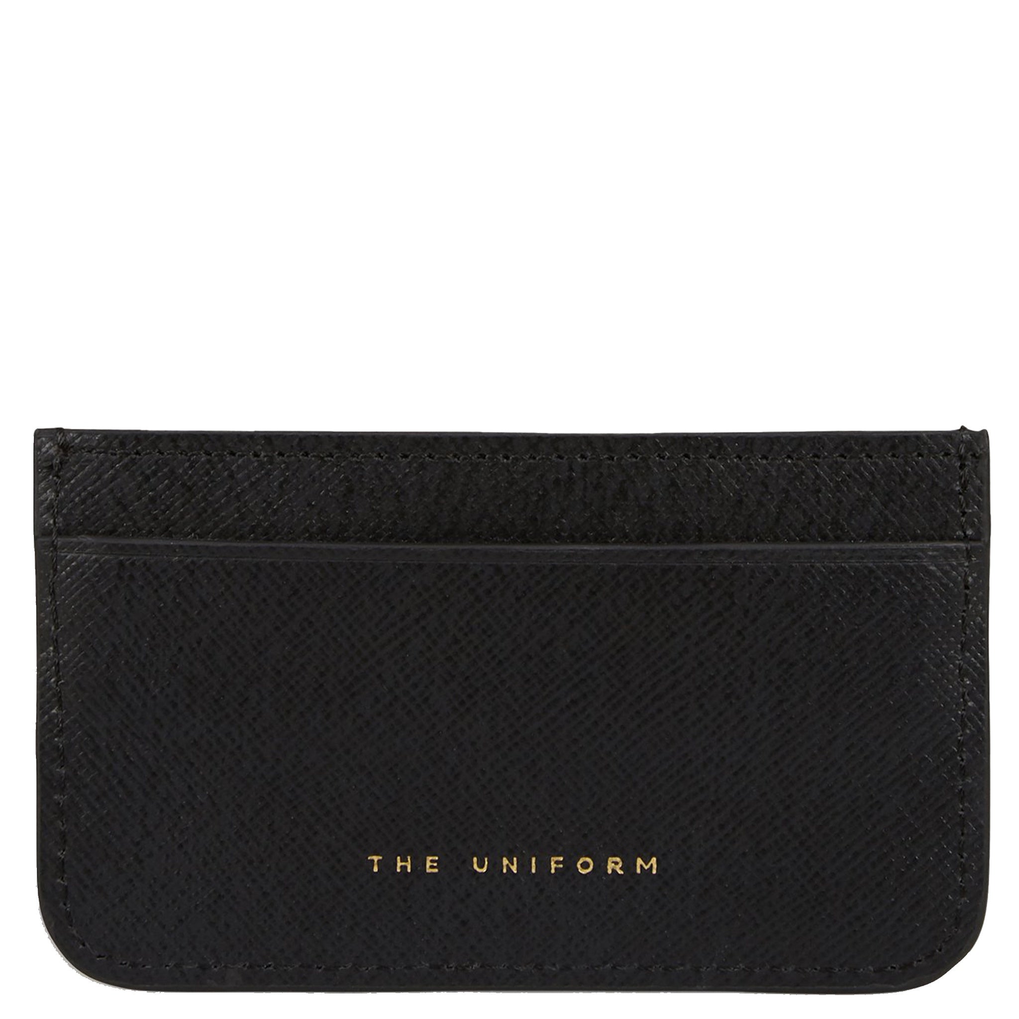 Alt Tag: The Uniform Card Holder minimalist black leather slim card holder with gold logo, handcrafted premium leather pocket wallet