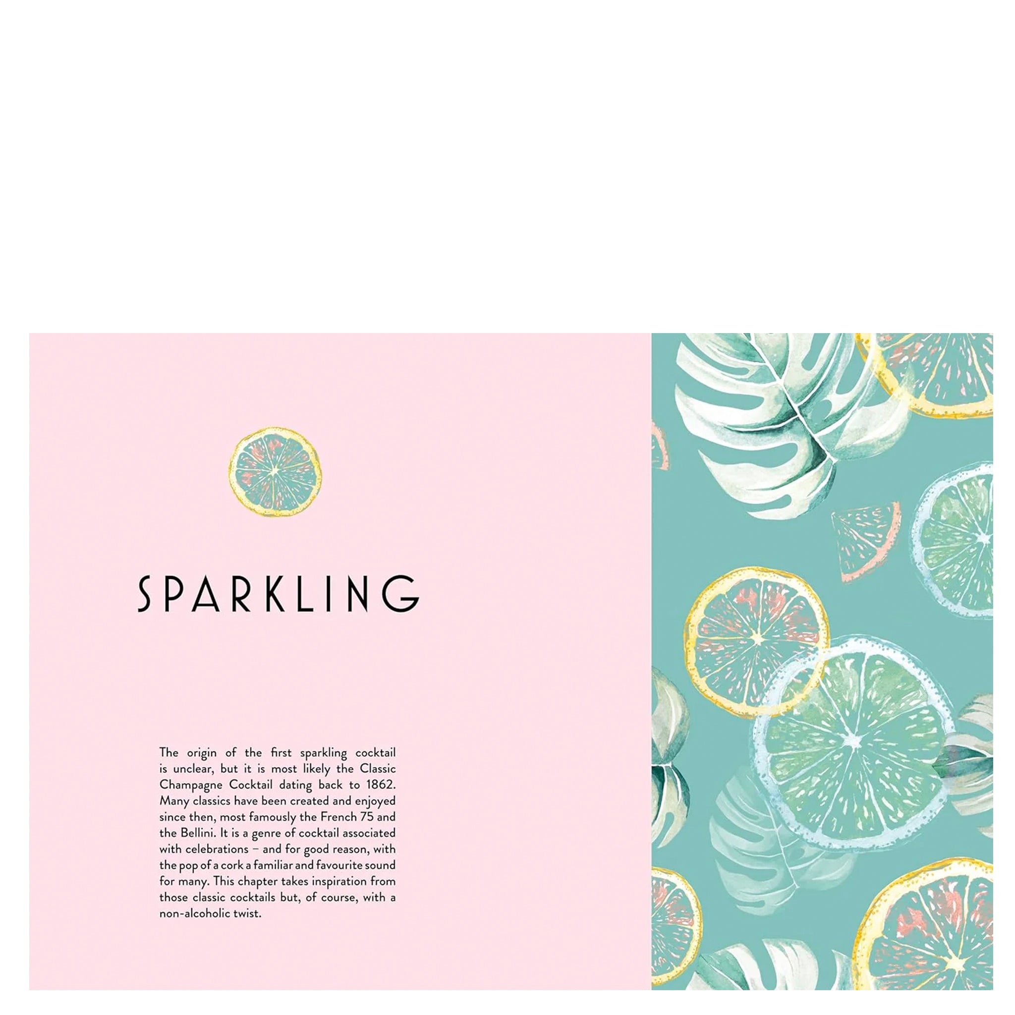 Book page with 'SPARKLING' text and lemon and leaf design on a pink and teal background