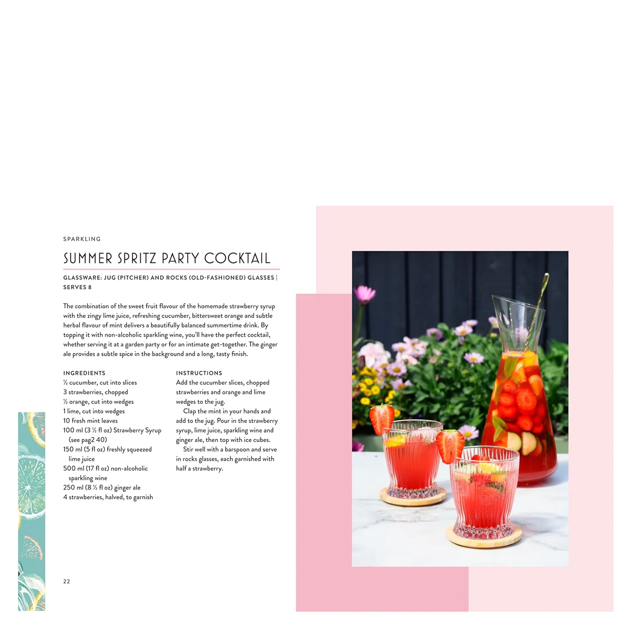 Page from a cookbook featuring a summer spritz party cocktail recipe with glasses and a pitcher outdoors.