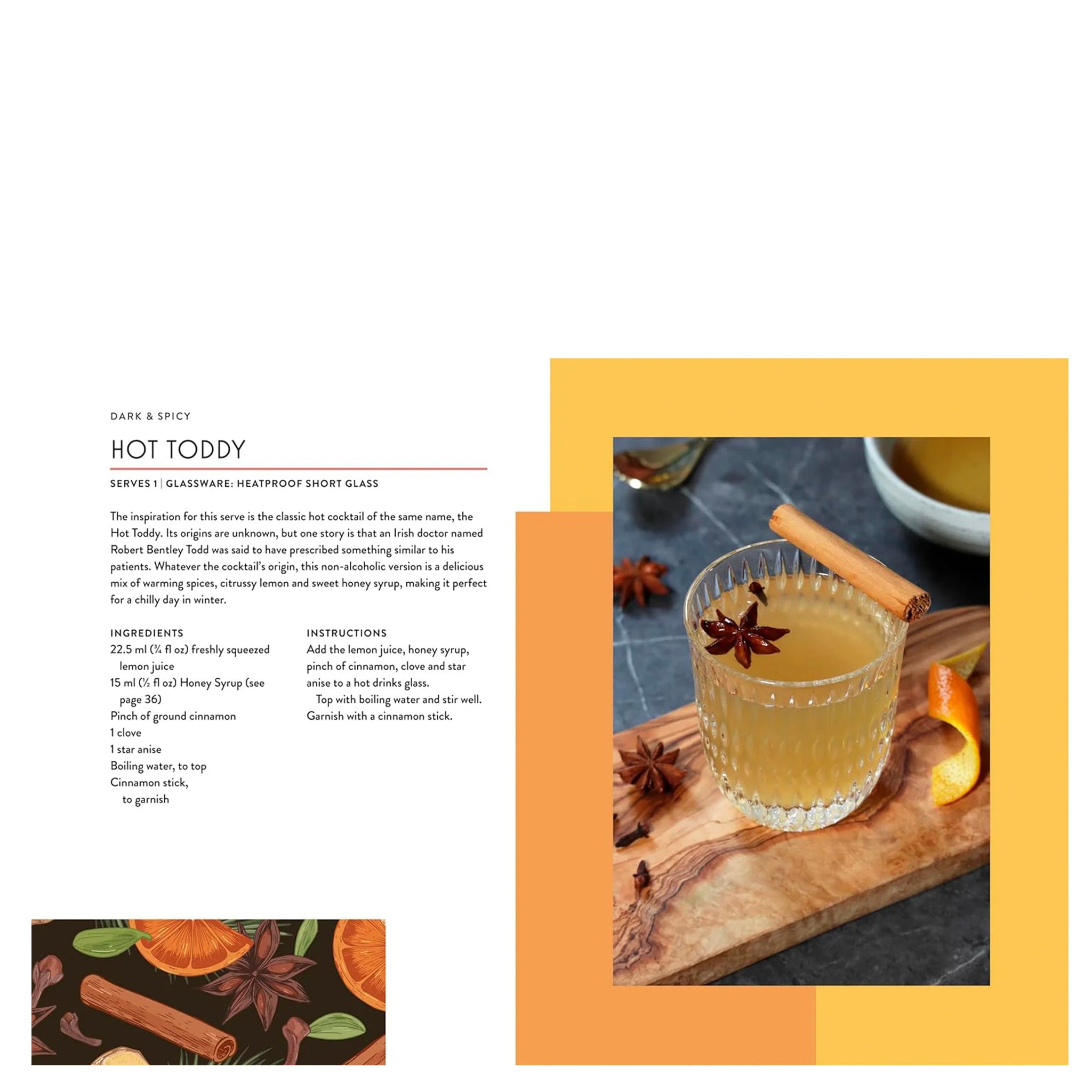Hot Toddy recipe with a glass of hot toddy on a wooden board, surrounded by spices and an orange.