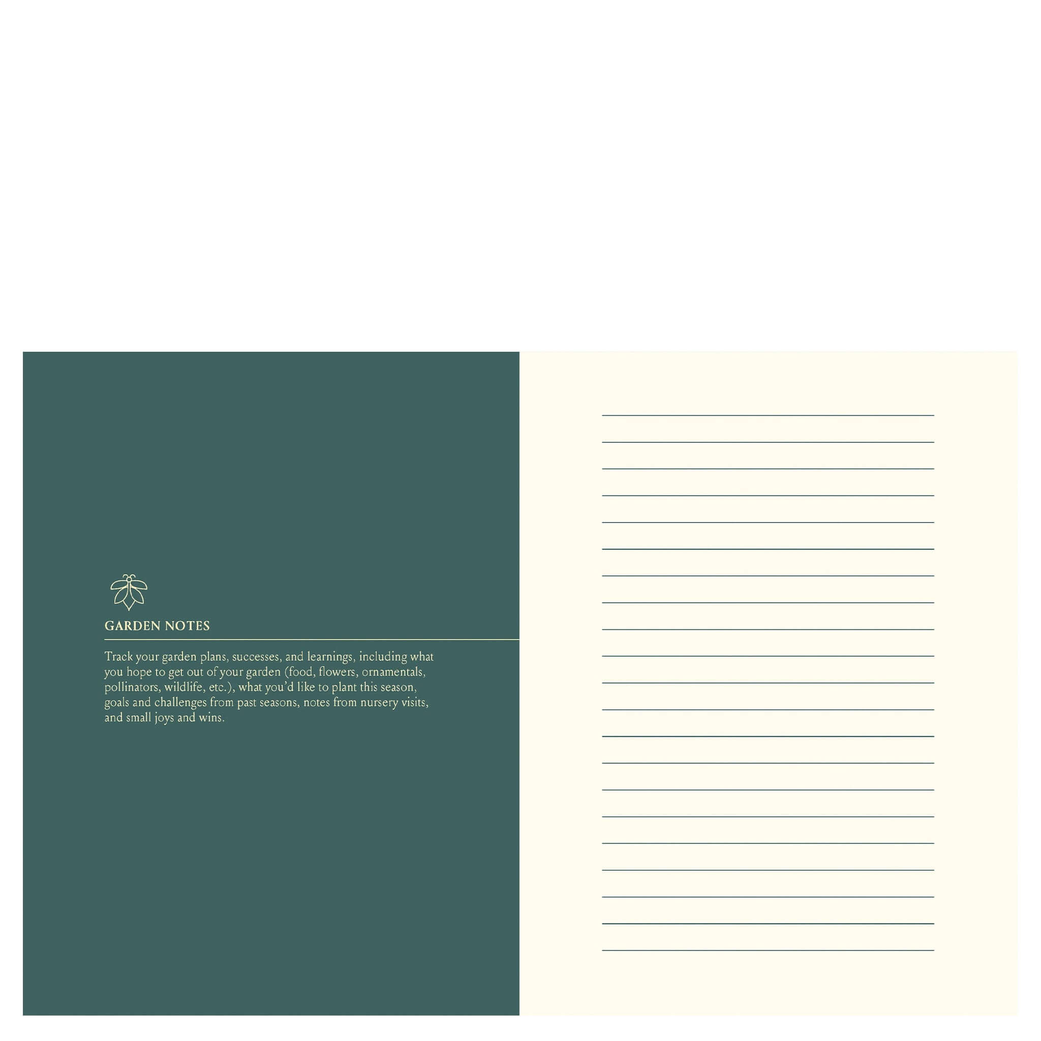 Alt Tag: The Joyful Gardener's Journal garden notes spread with lined pages for tracking plans, seeds, planting, and harvest notes