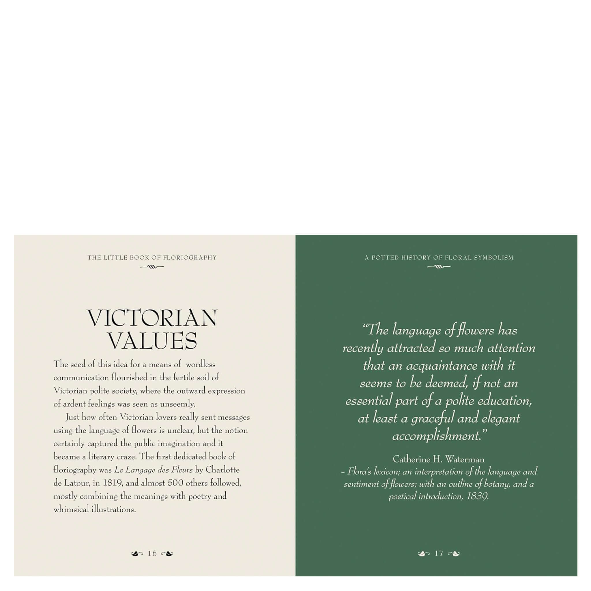 The Little Book of Floriography - The Secret Language of Flowers open pages on Victorian values and language of flowers quote