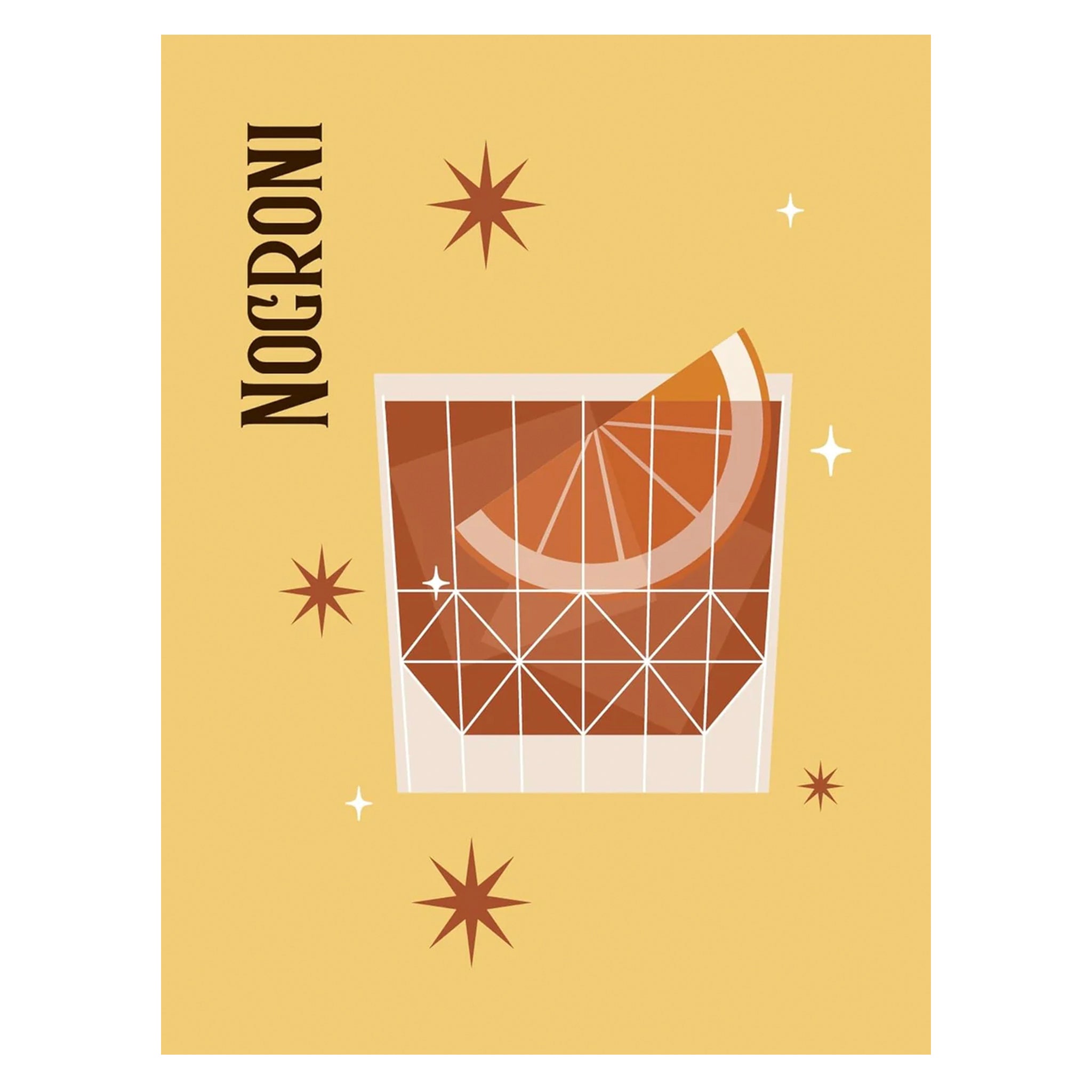 Cocktail glass with an orange slice and 'Nogroni' text on a yellow background