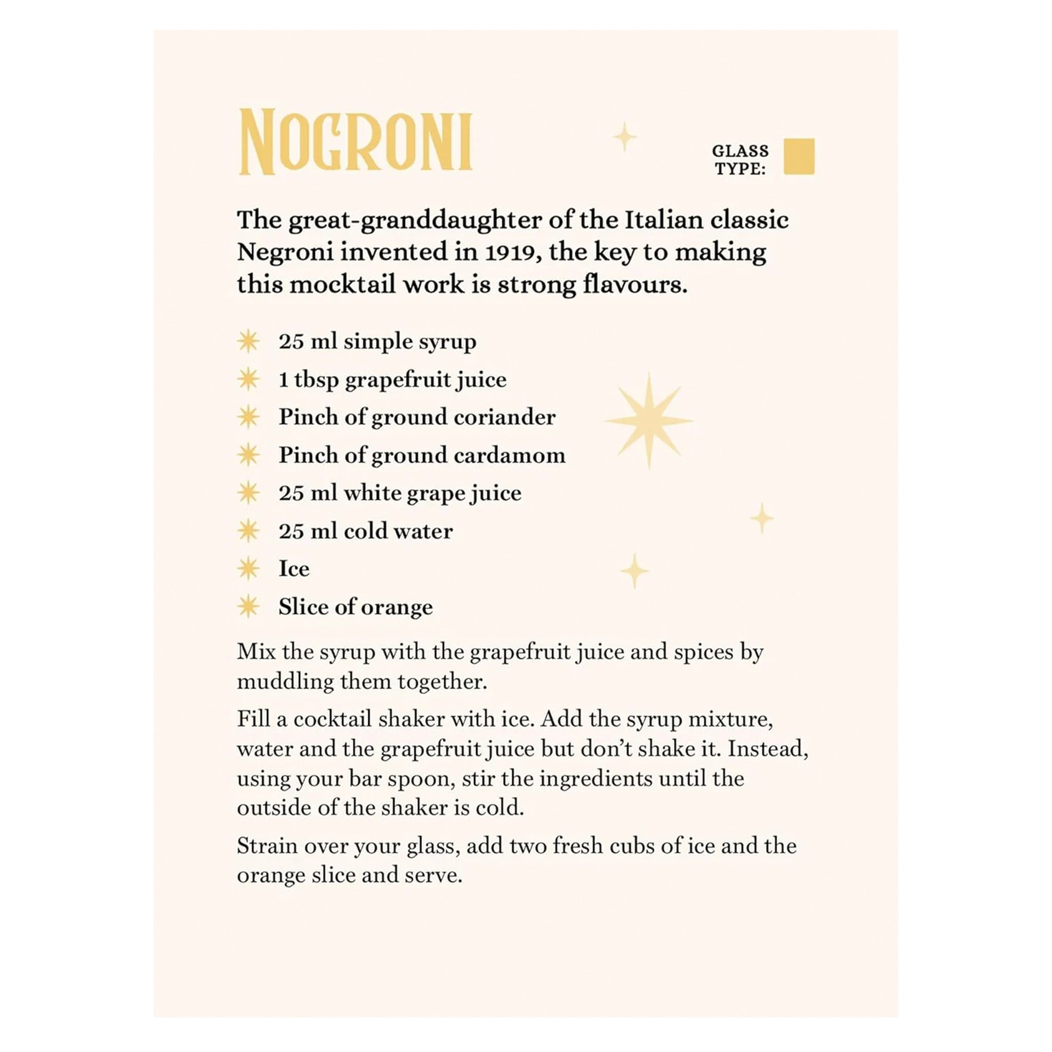 Nogroni cocktail recipe card with ingredients and preparation instructions.