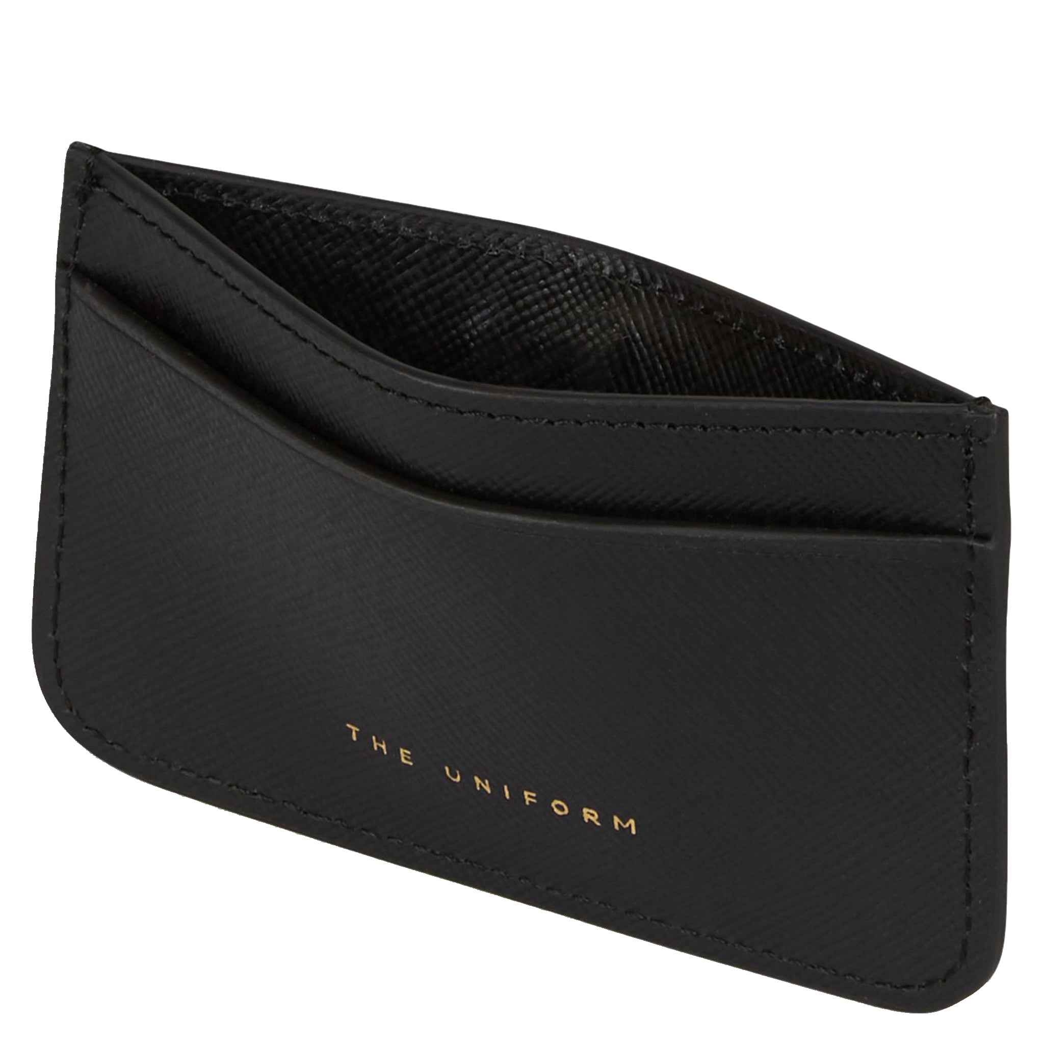 Alt Tag: The Uniform Card Holder black leather minimalist slim card case with stitched edges and gold logo, sleek pocket-friendly design