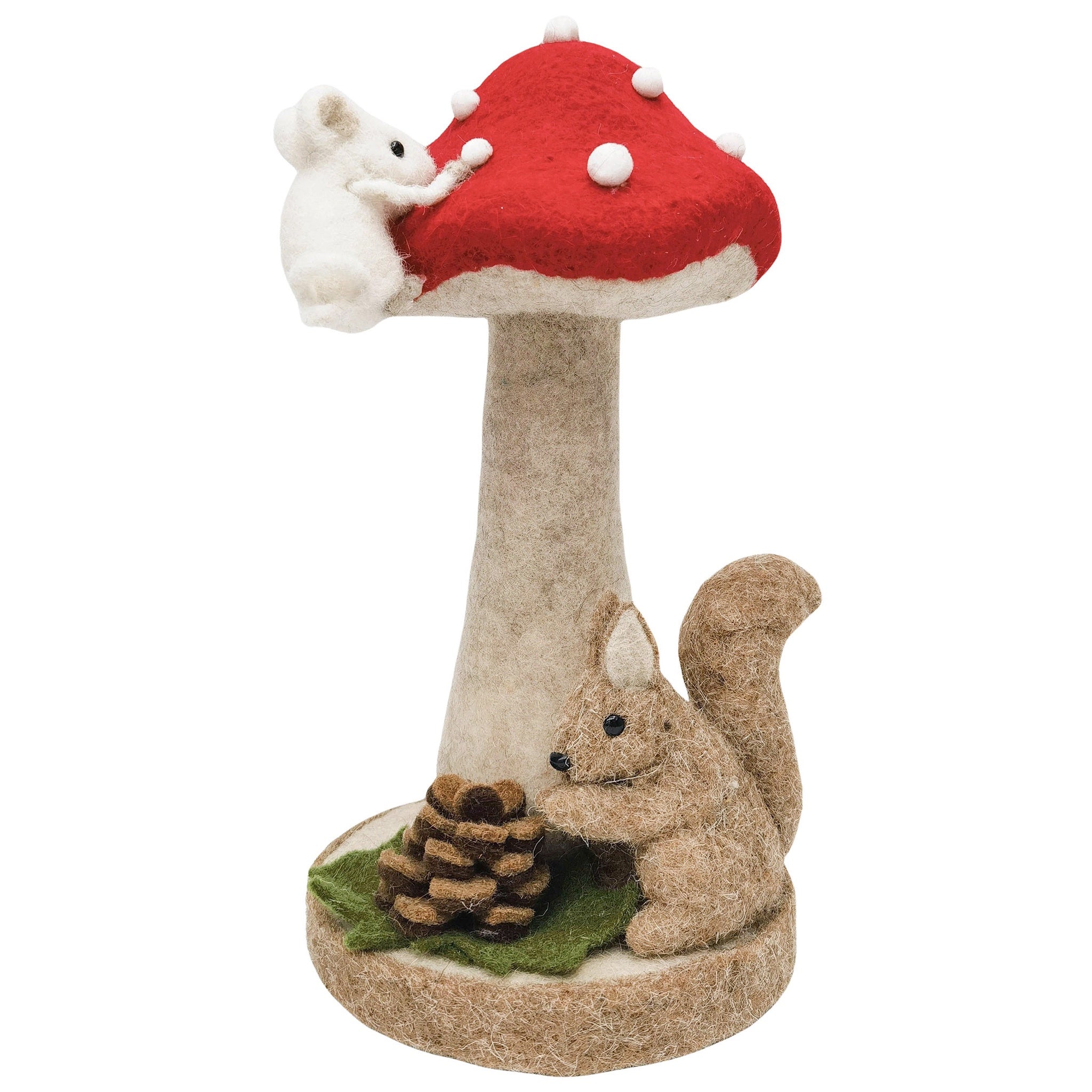 Decorative item with a red mushroom, white mouse, and brown squirrel on a white background