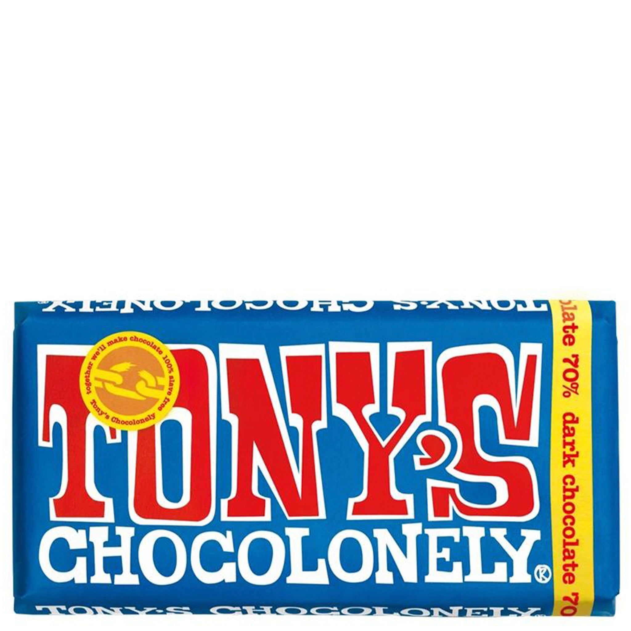 Tony's Chocolonely chocolate bar packaging on a white background