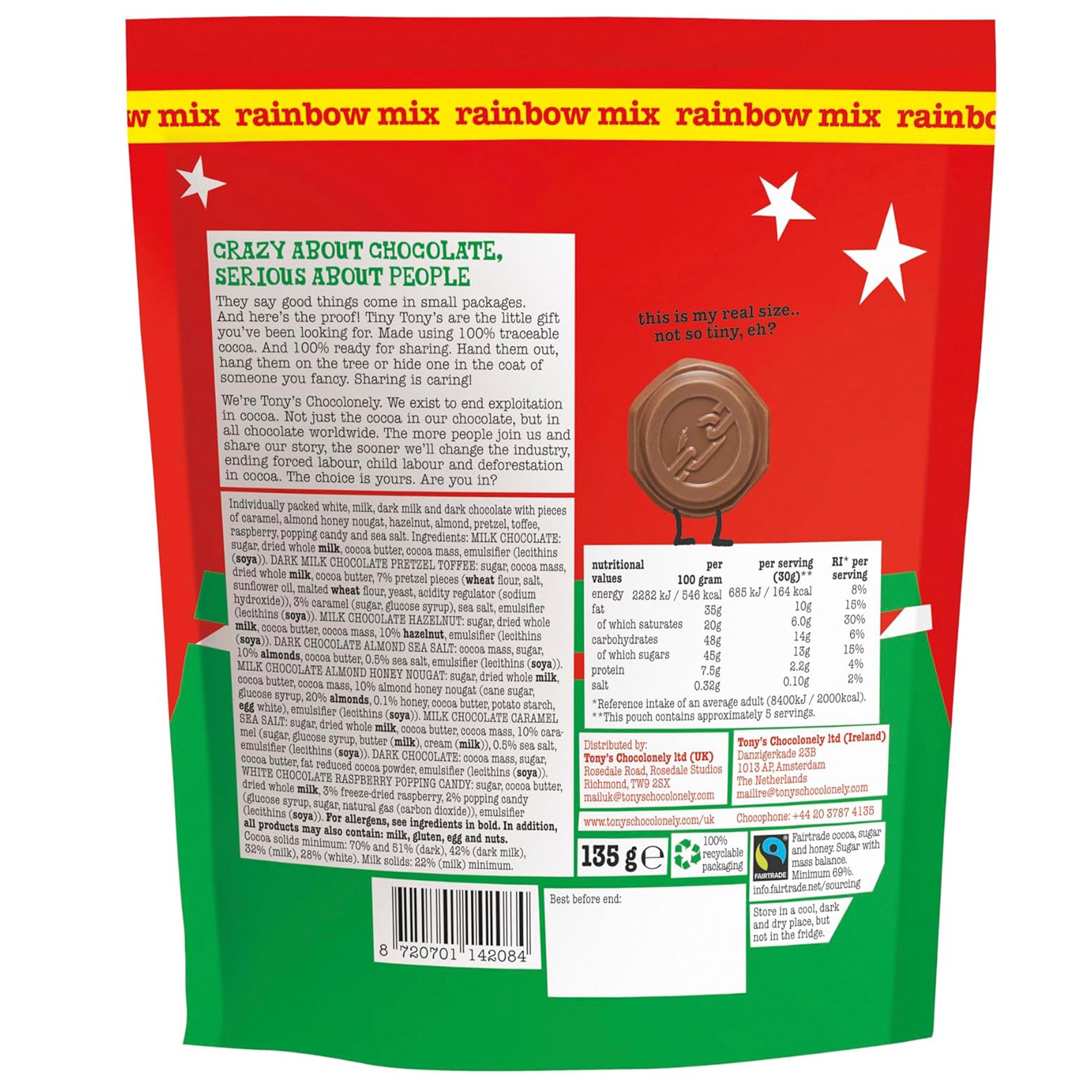 Back of a chocolate packaging with text and a star illustration on a red and green background