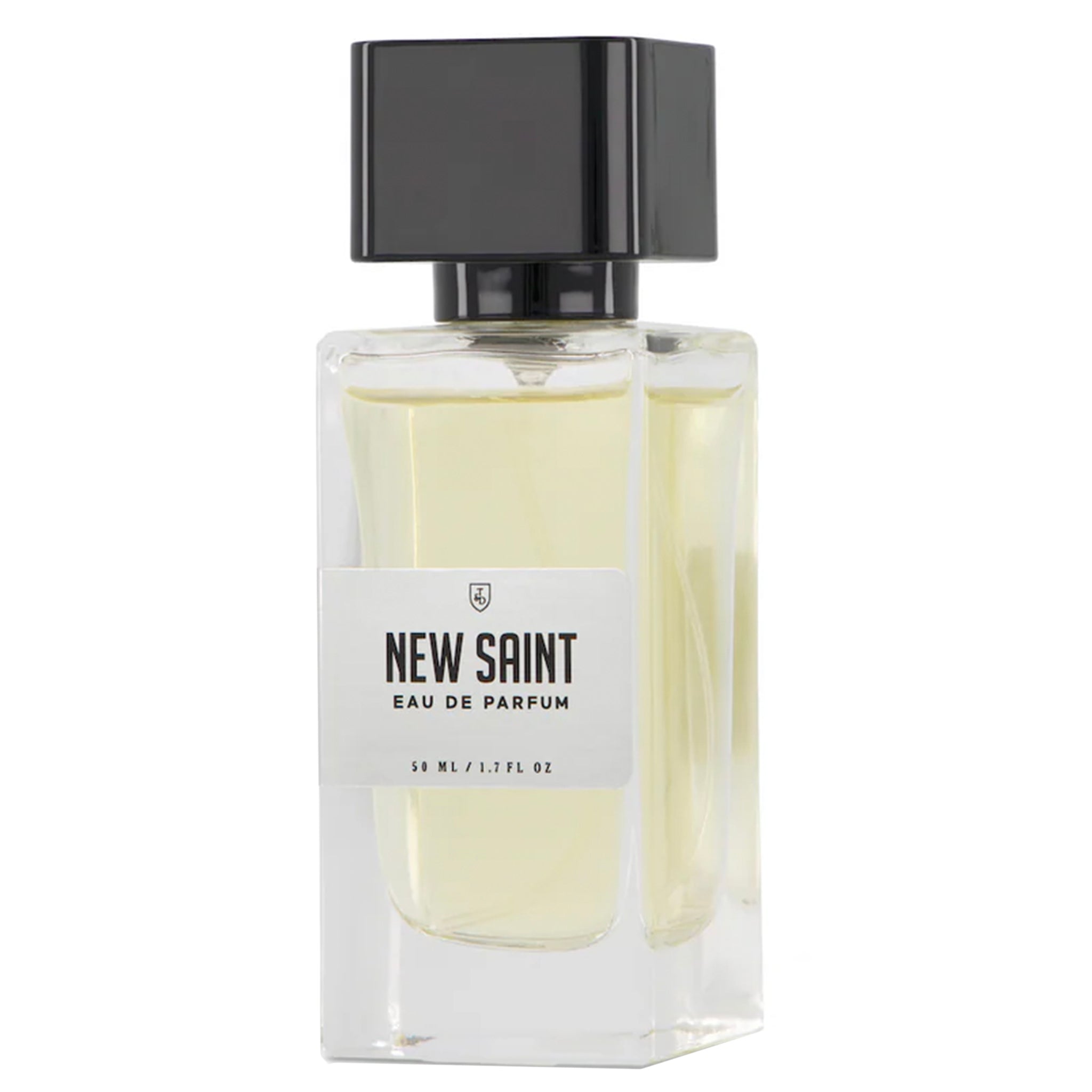 Perfume bottle labeled 'New Saint Eau de Parfum' on a white background