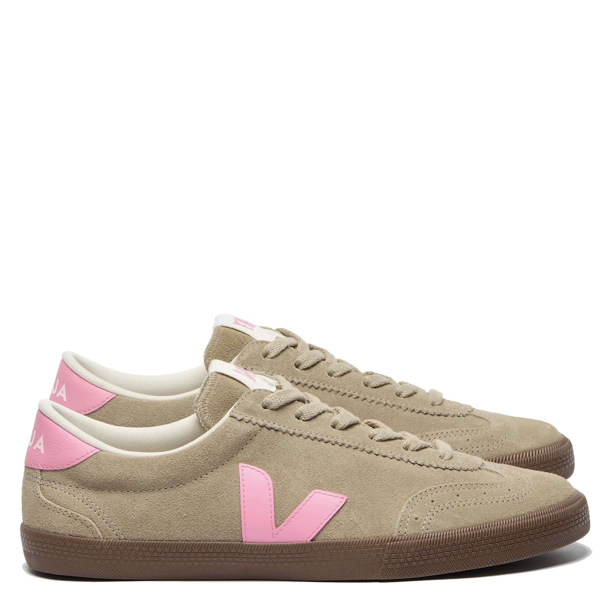 Veja Volley Suede Sneakers - Taupe, Malibu & Bark in a clean low-profile silhouette with pink accents.
