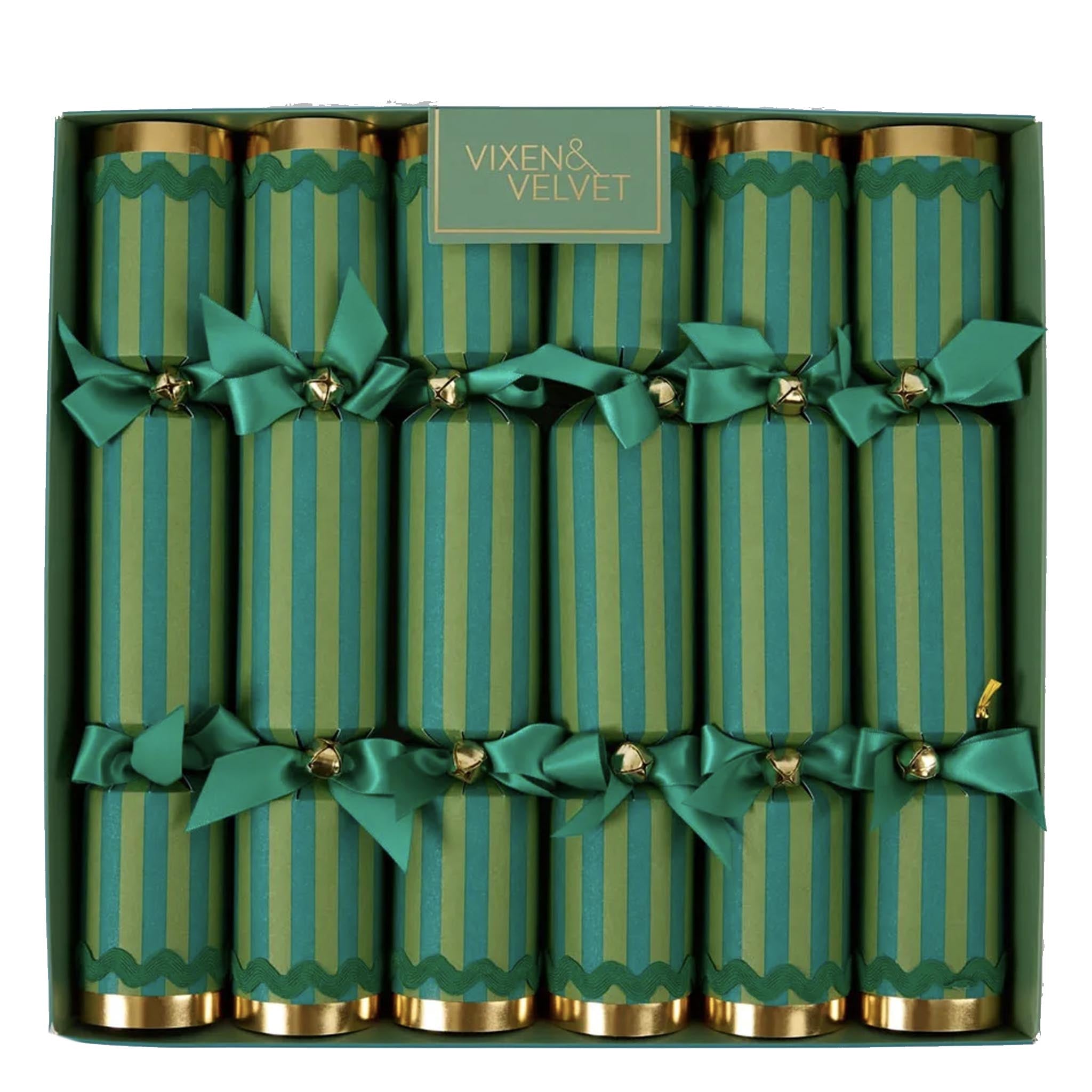 Set of green striped crackers with gold accents in a box, branded 'Vixen & Velvet'.