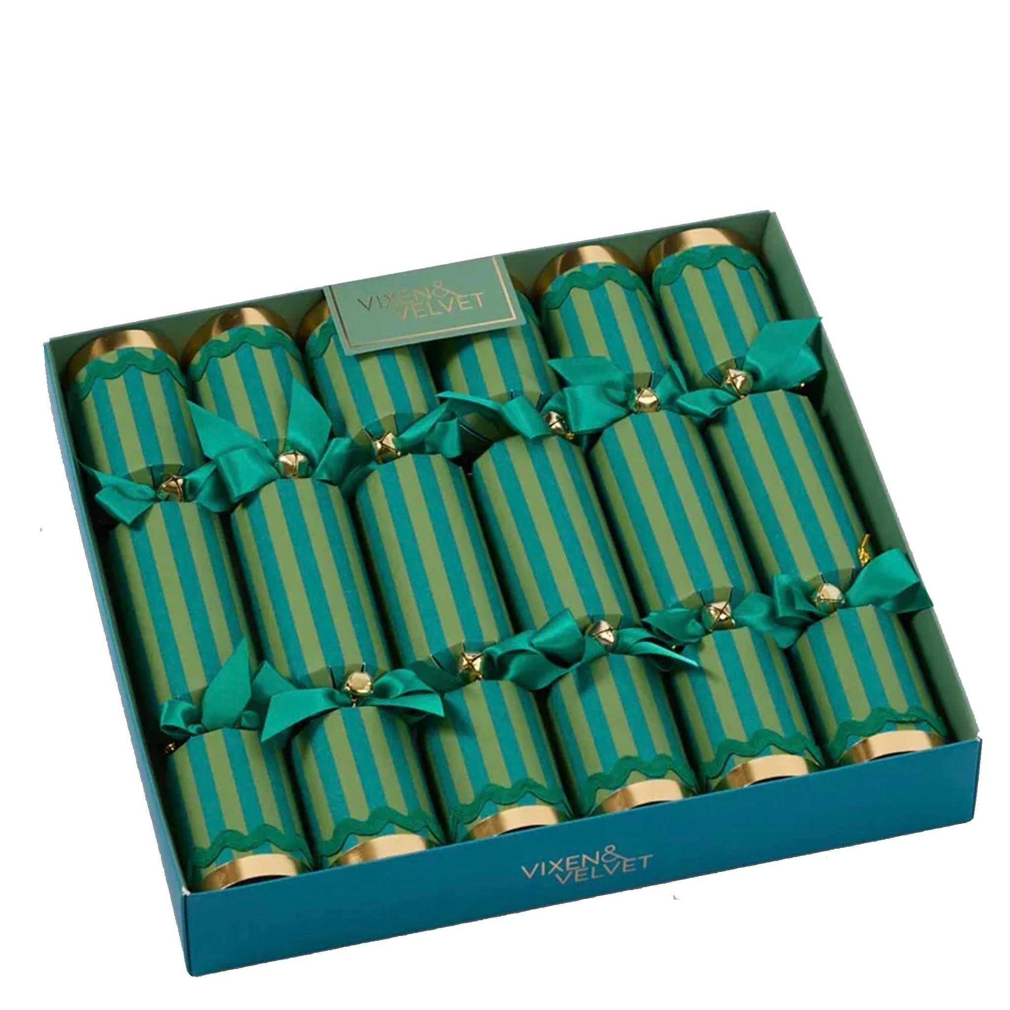 Box of green striped crackers with ribbons in a blue box, branded 'Vixen & Velvet'.