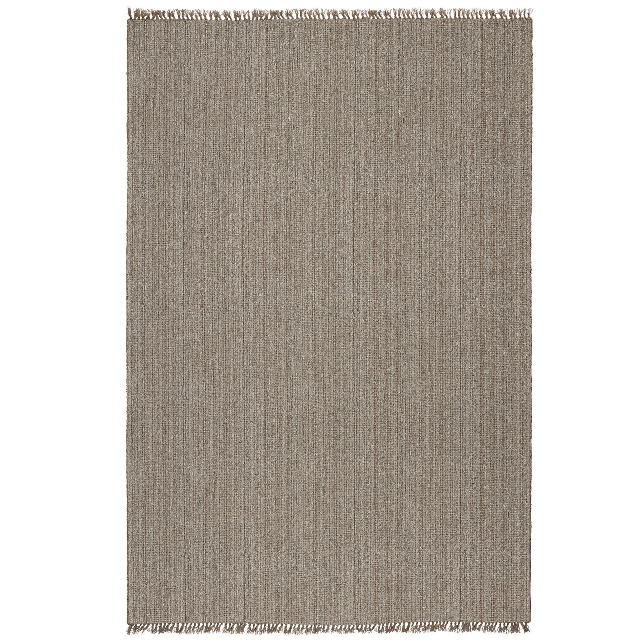 Textured gray rug with fringed edges on a white background