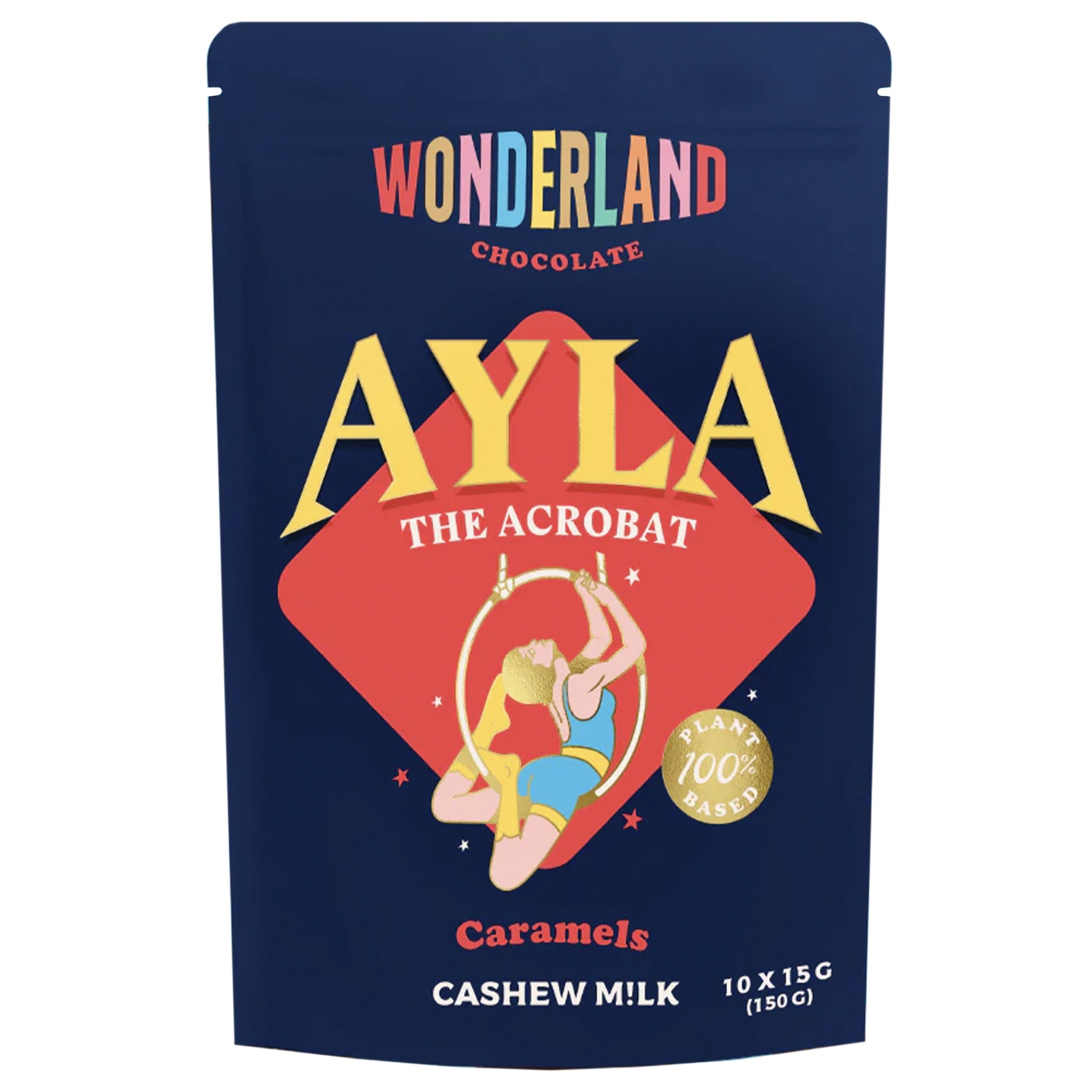 Chocolate caramel package with 'Ayla the Acrobat' design on a blue background