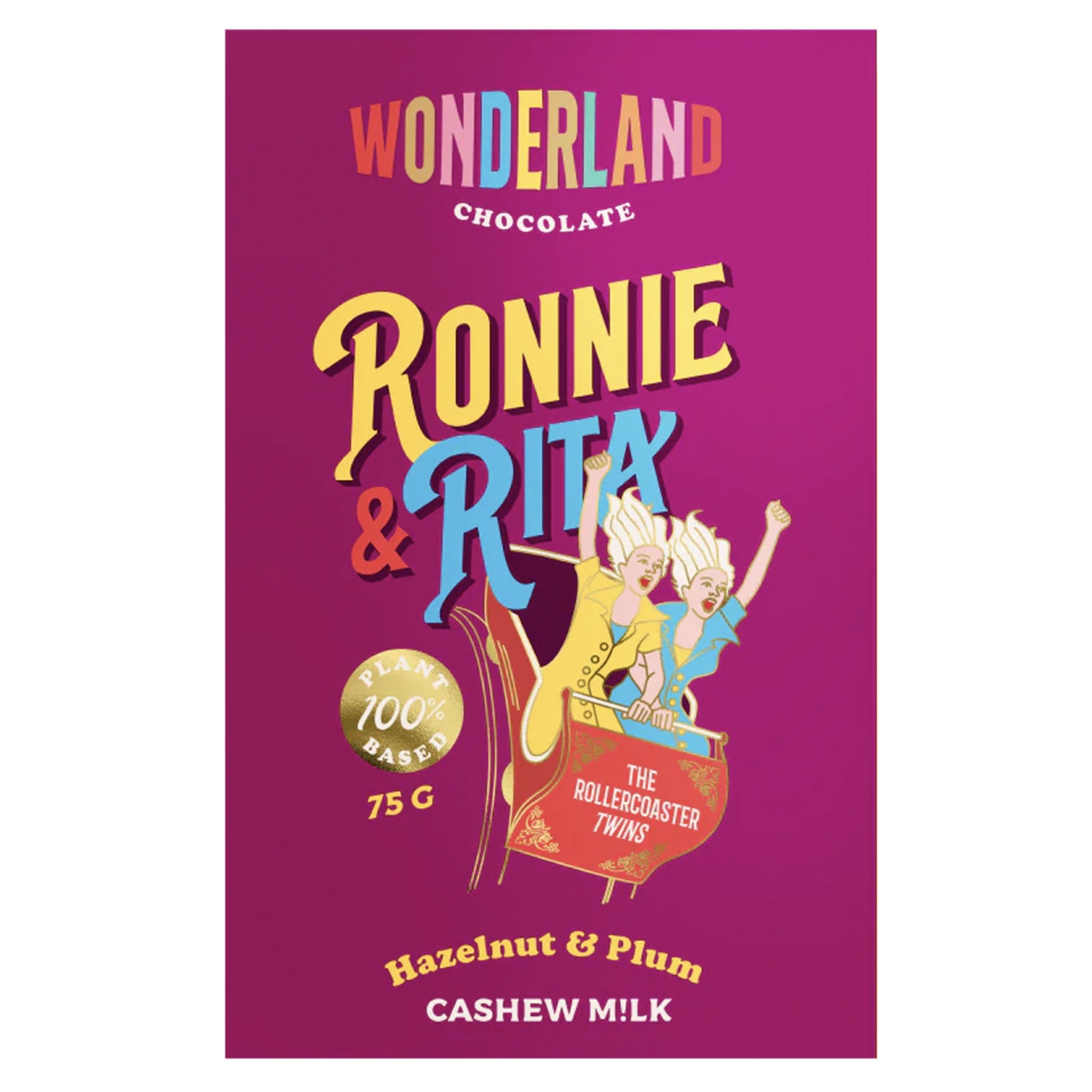 Chocolate packaging with 'Ronnie & Rita' design on a purple background